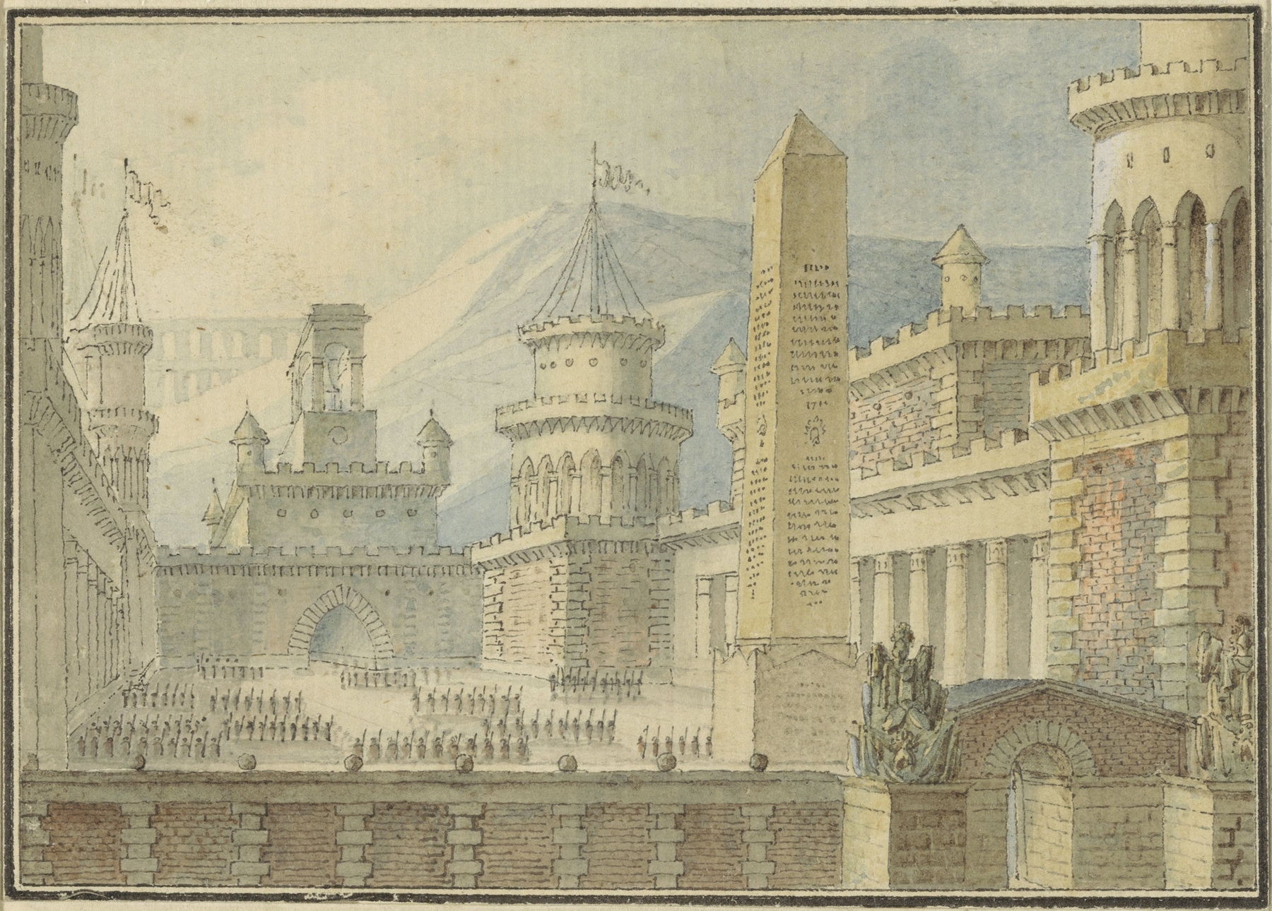 Binnenplaats van een versterkt kasteel met obelisk, troepen in het gelid, by Alphonse Jean Baptiste Vien, public domain