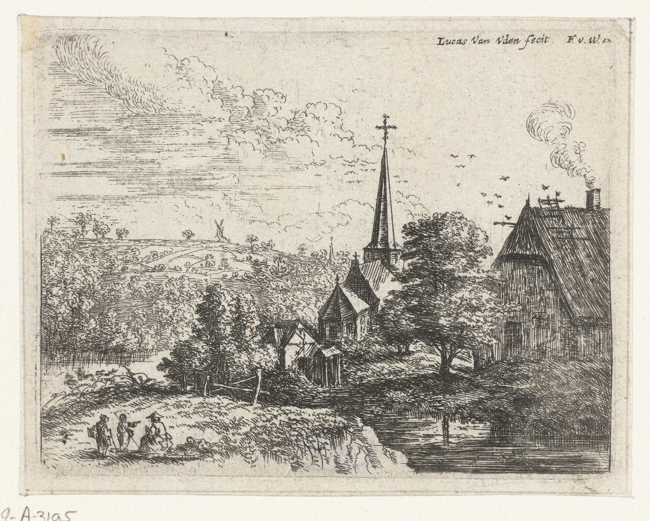Etching by Lucas van Uden depicting a village by a river