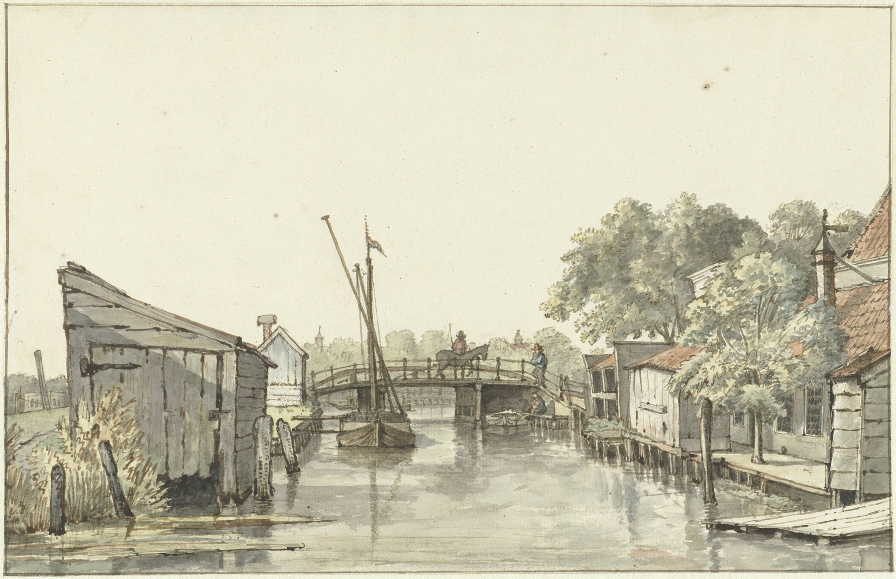 Oil painting by Gerrit Lamberts depicting a river and bridge landscape