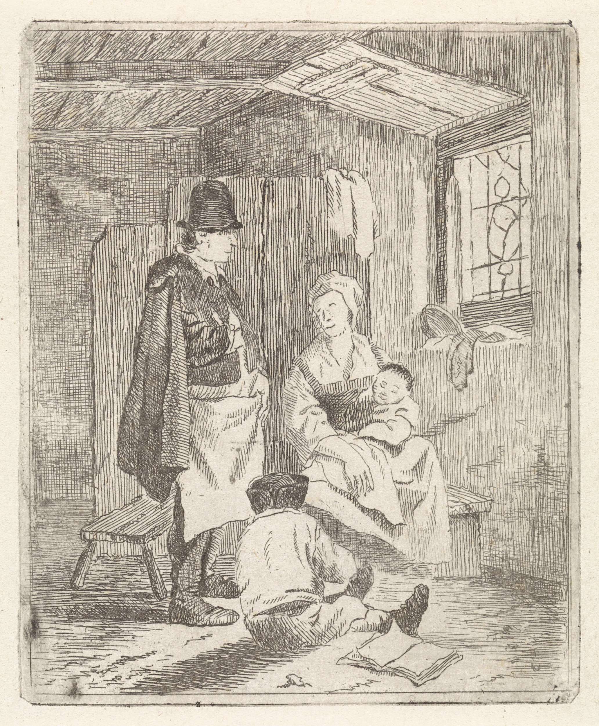 Familie in interieur by Johannes Janson, etching depicting a family around a table with soft light filtering through a window.