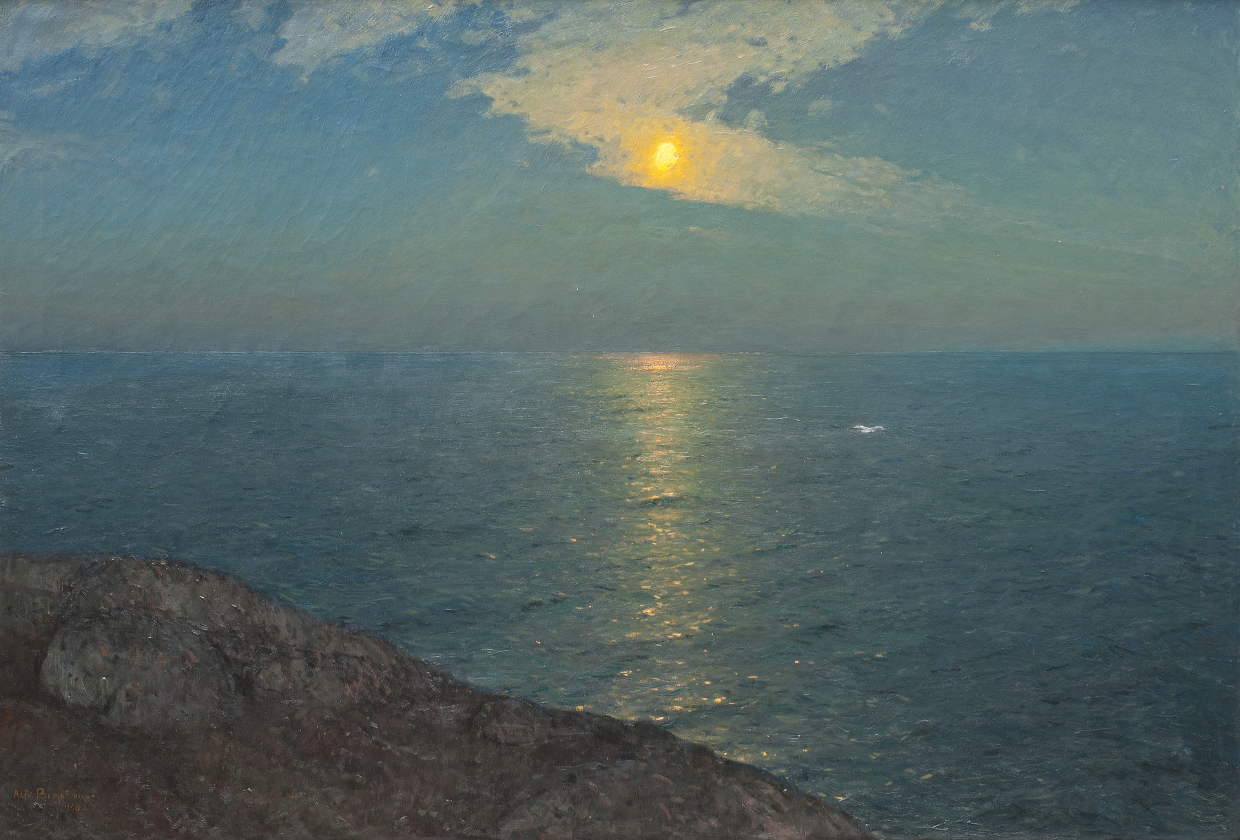 Oil painting By the Sea by Alfred Bergström depicting figures at the shore during sunset.