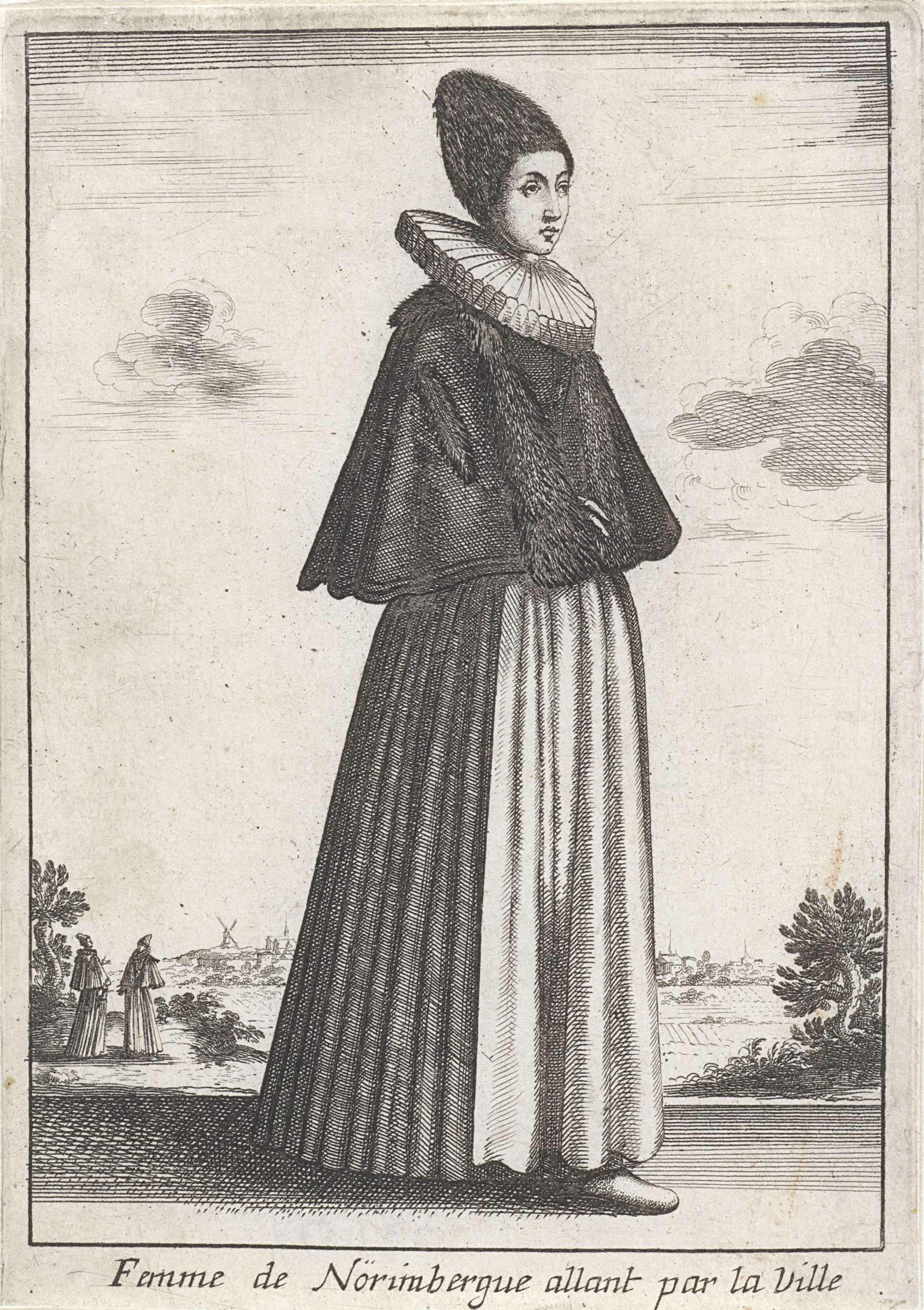 Femme de Nörimbergue allant par la Ville, etching by Unknown Artist, featuring a woman walking through a city.