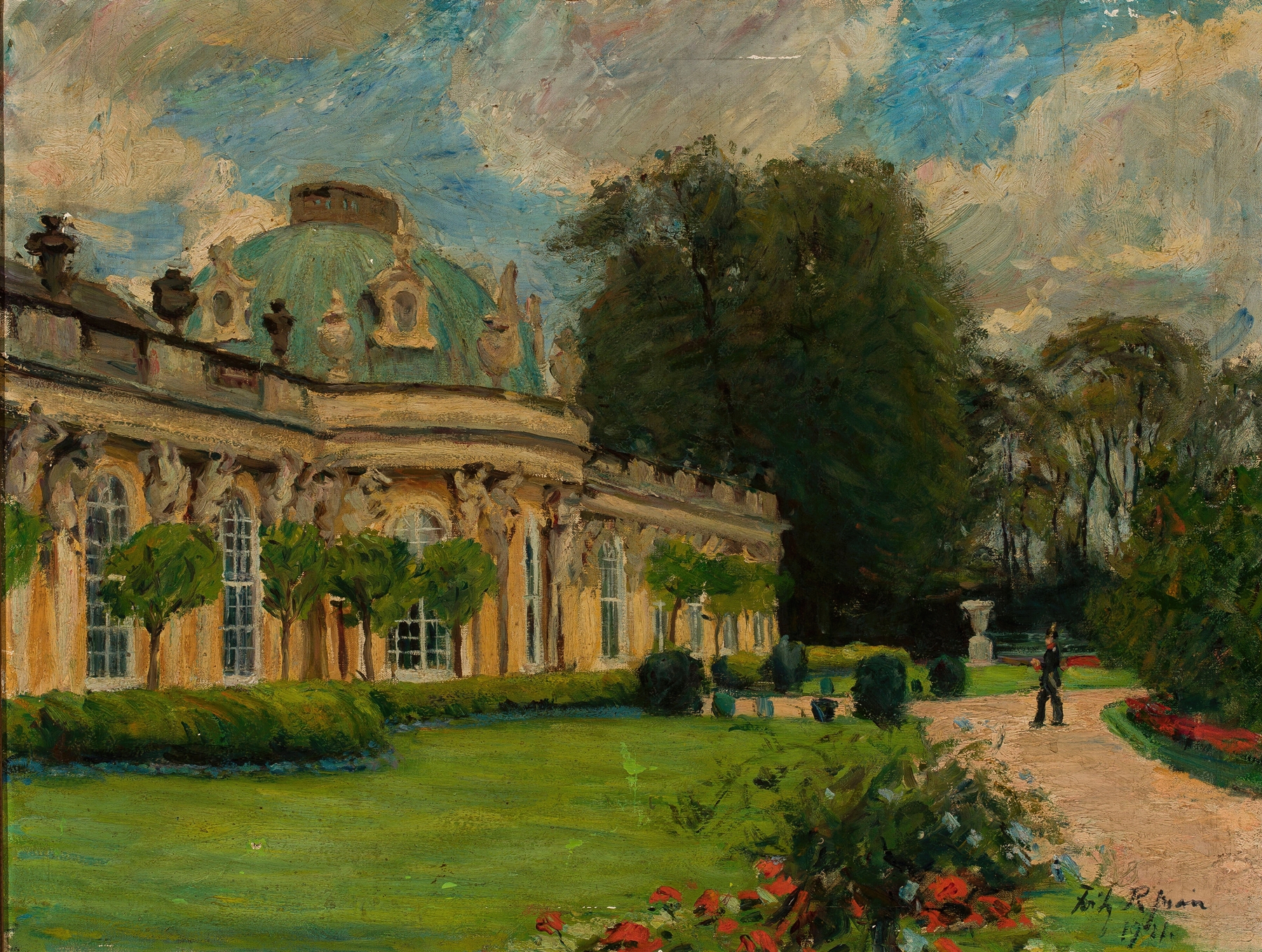 Architecture of Sanssouci Palace in Potsdam by Fritz Rhein, 1921, showcasing light and shadow.