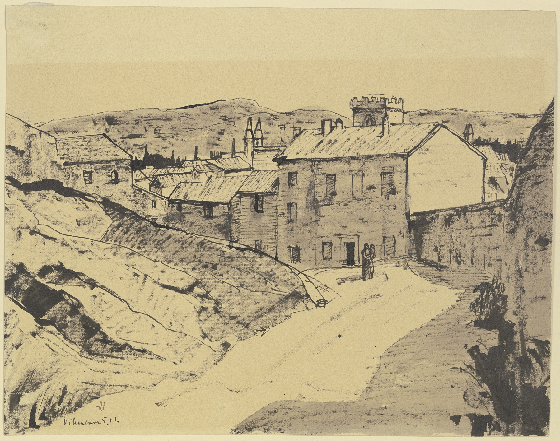 Street in Villeneuve by Hermann Lismann, oil on canvas, depicting a village with cobblestones and a church.