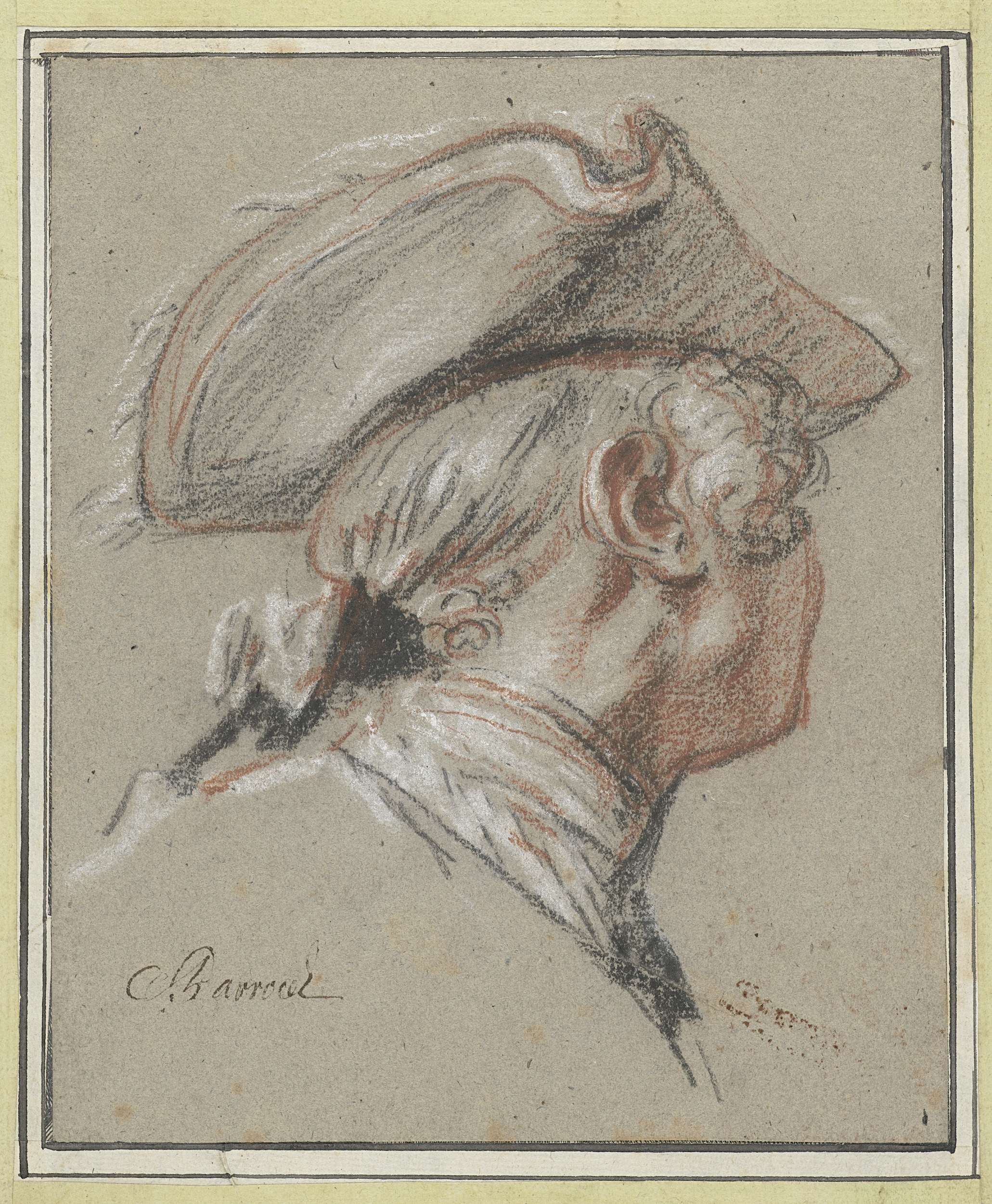 Study of a Head by Charles Parrocel, paper drawing of a French officer's profile.