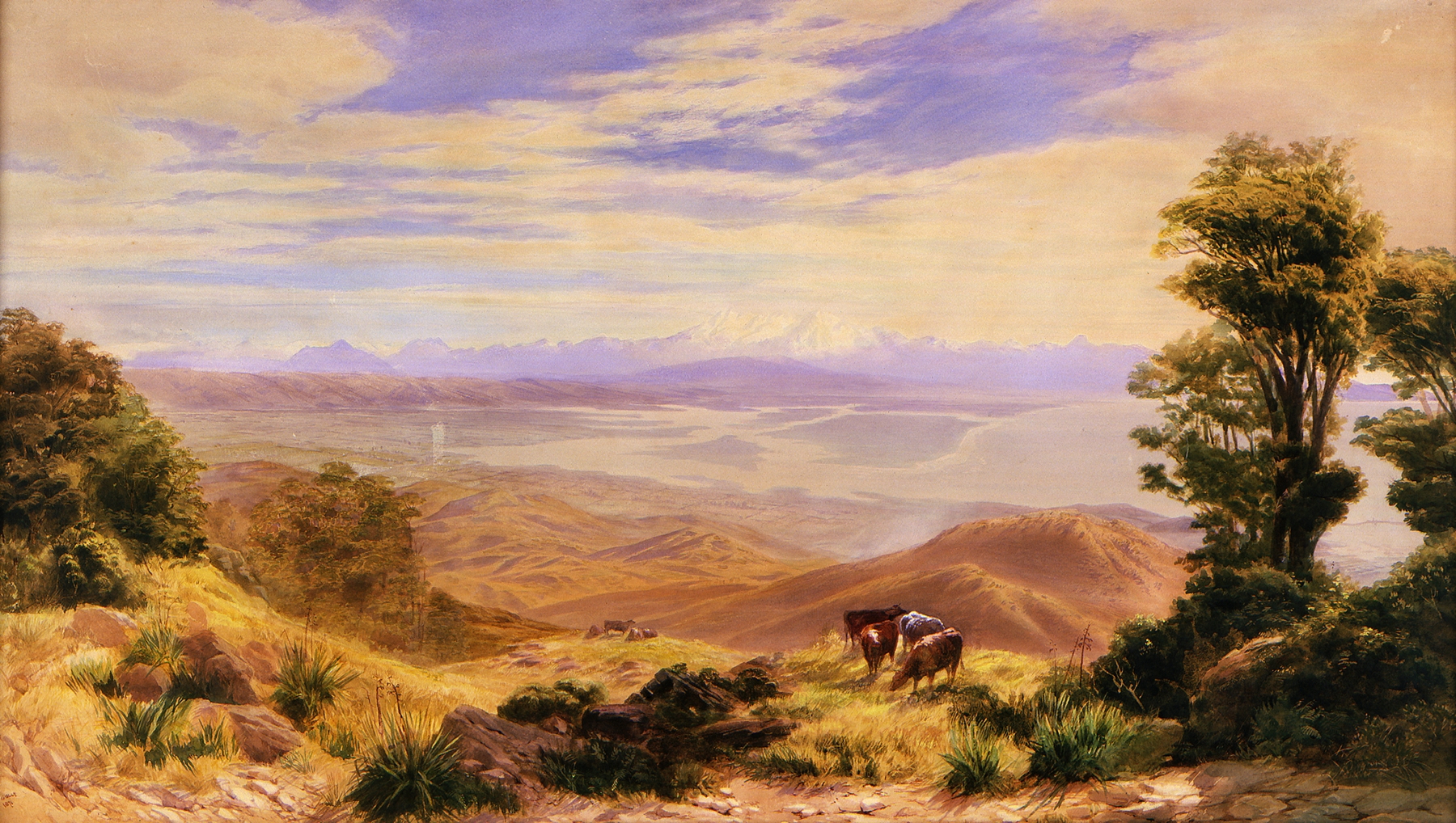 Landscape, Nelson by John Gully, oil on canvas depicting a sunset over lush greenery.