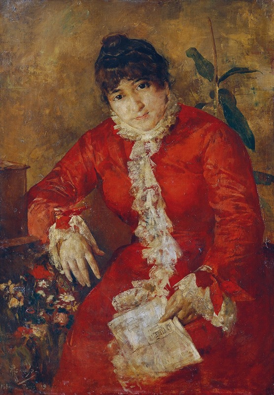 A woman in a red dress holding a newspaper and a plant.