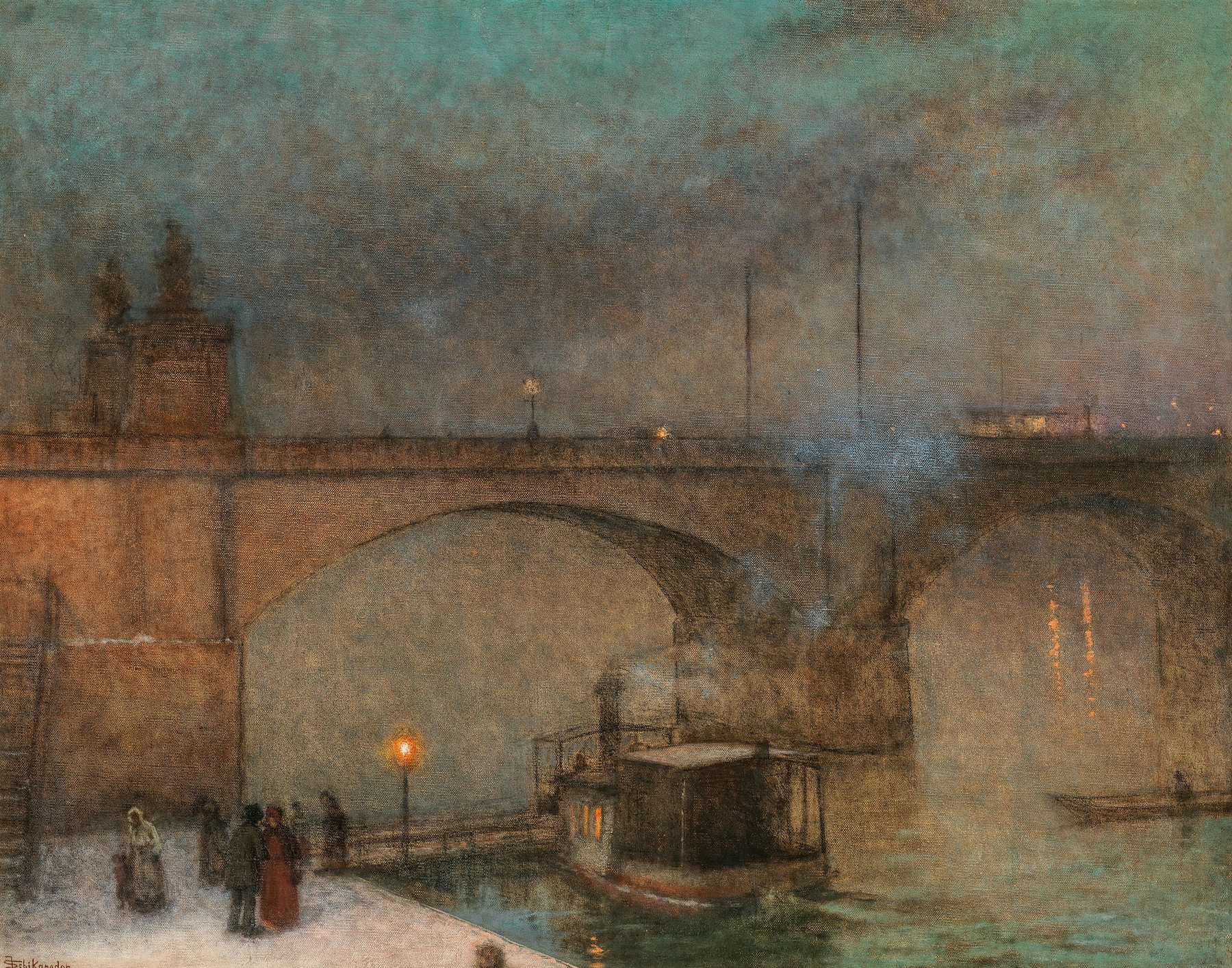 Prague, a Steamboat on the River Vltava in front of Palacky Bridge, by Jakub Schikaneder, public domain