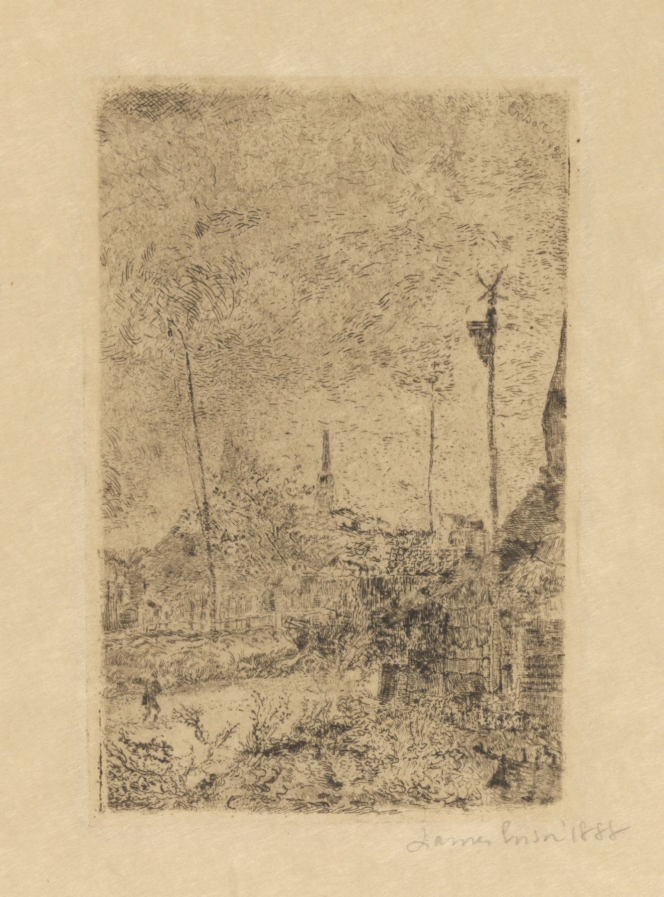 Figurative work by James Ensor, oil painting titled Hutten, featuring a cloaked figure in shadows.