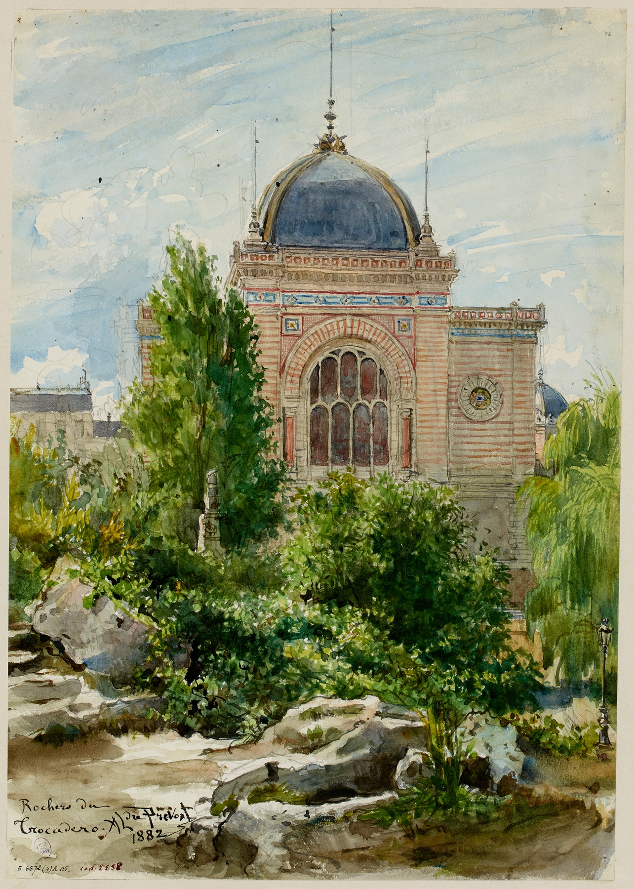 Le rocher au jardin du Trocadéro, oil painting by Alexandre Prévost, featuring a rock in a lush garden.