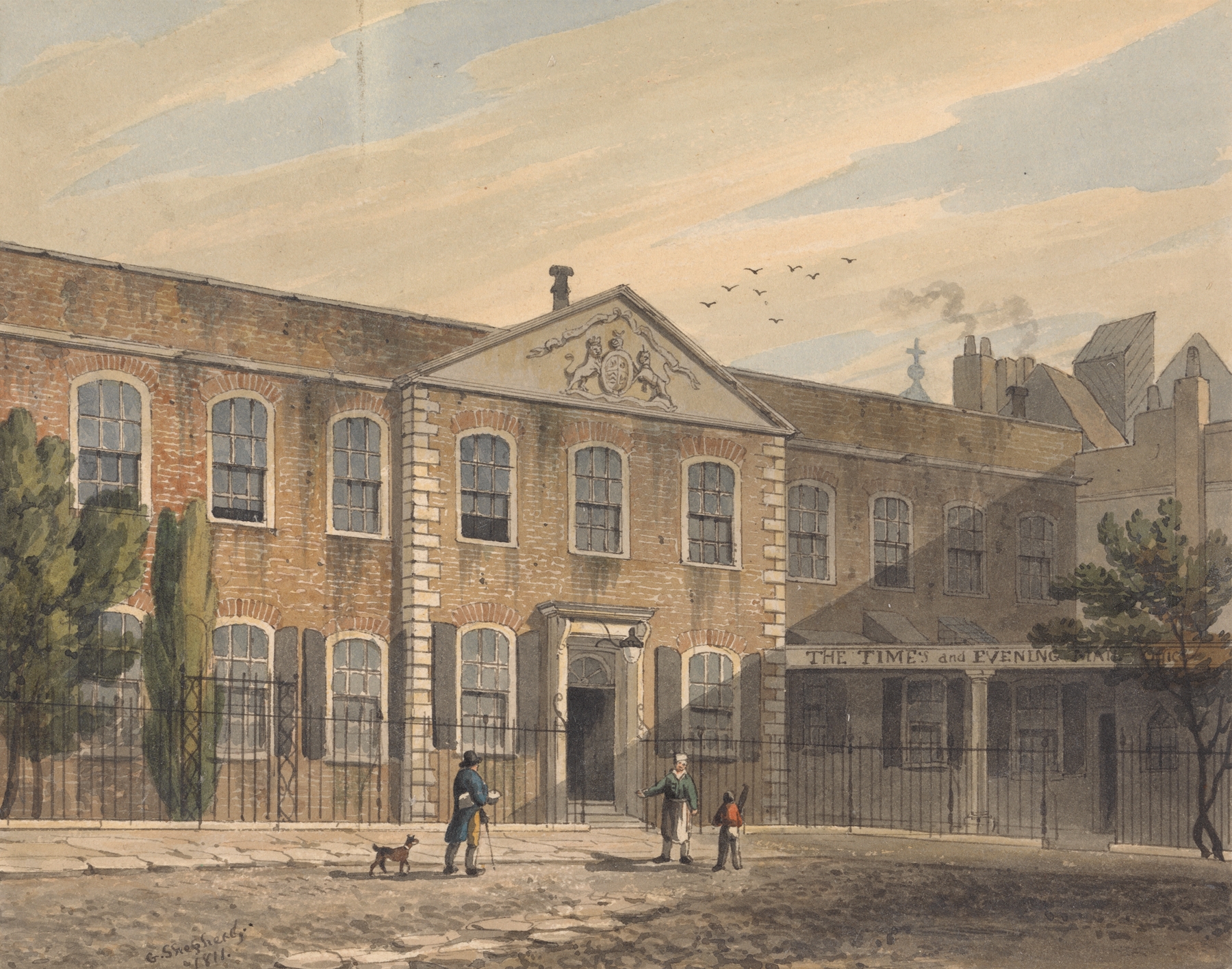 Genre scene with figures illuminated by gaslight at the Evening Mail Office by George Sidney Shepherd, oil painting
