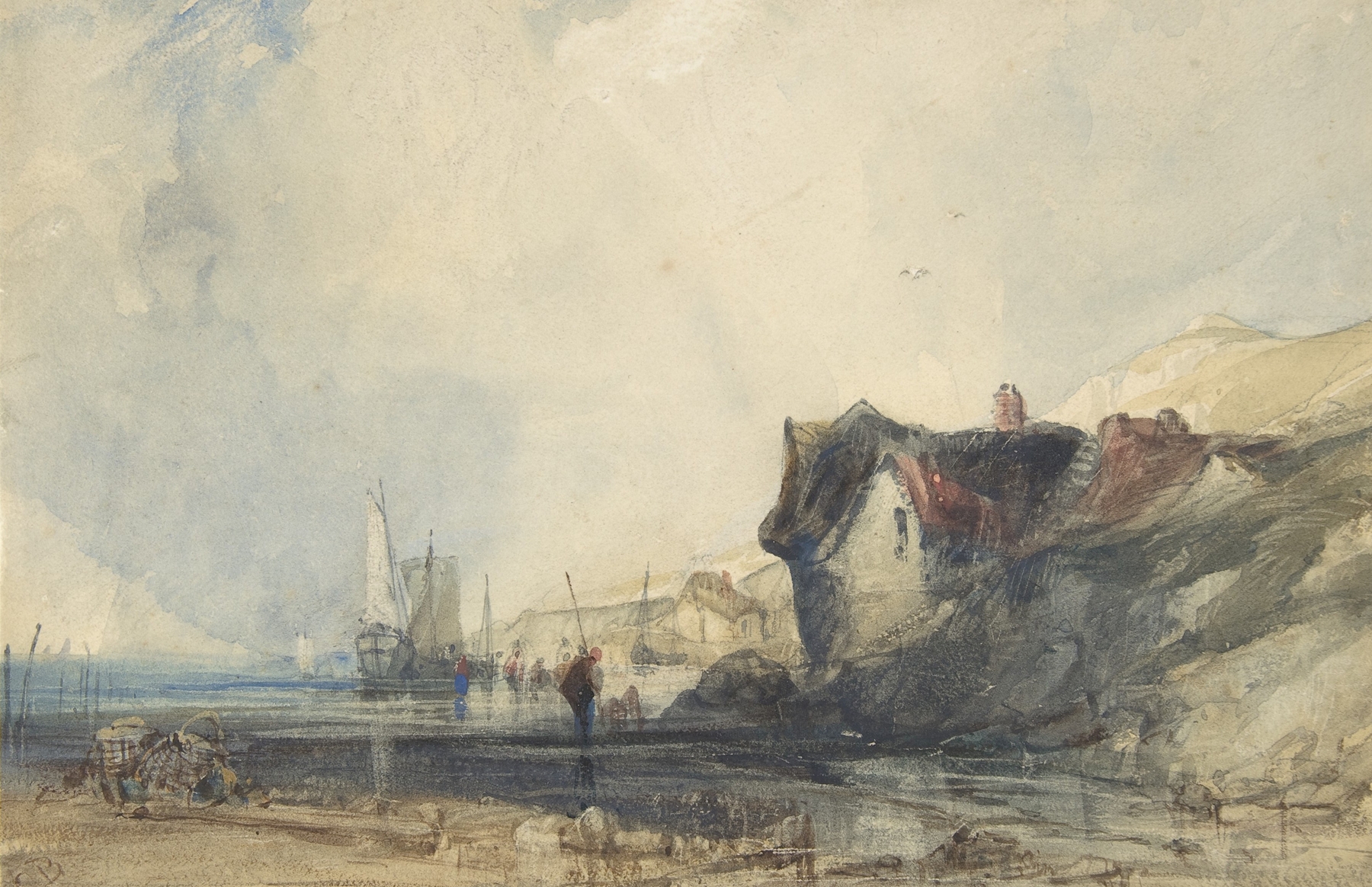 View on the Coast at Deal, oil on canvas by Charles Bentley, depicting gentle waves and a vibrant sky.