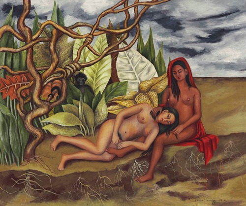Frida Kahlo's 'Dos desnudos en el bosque' features two figures in a lush, dreamlike forest.