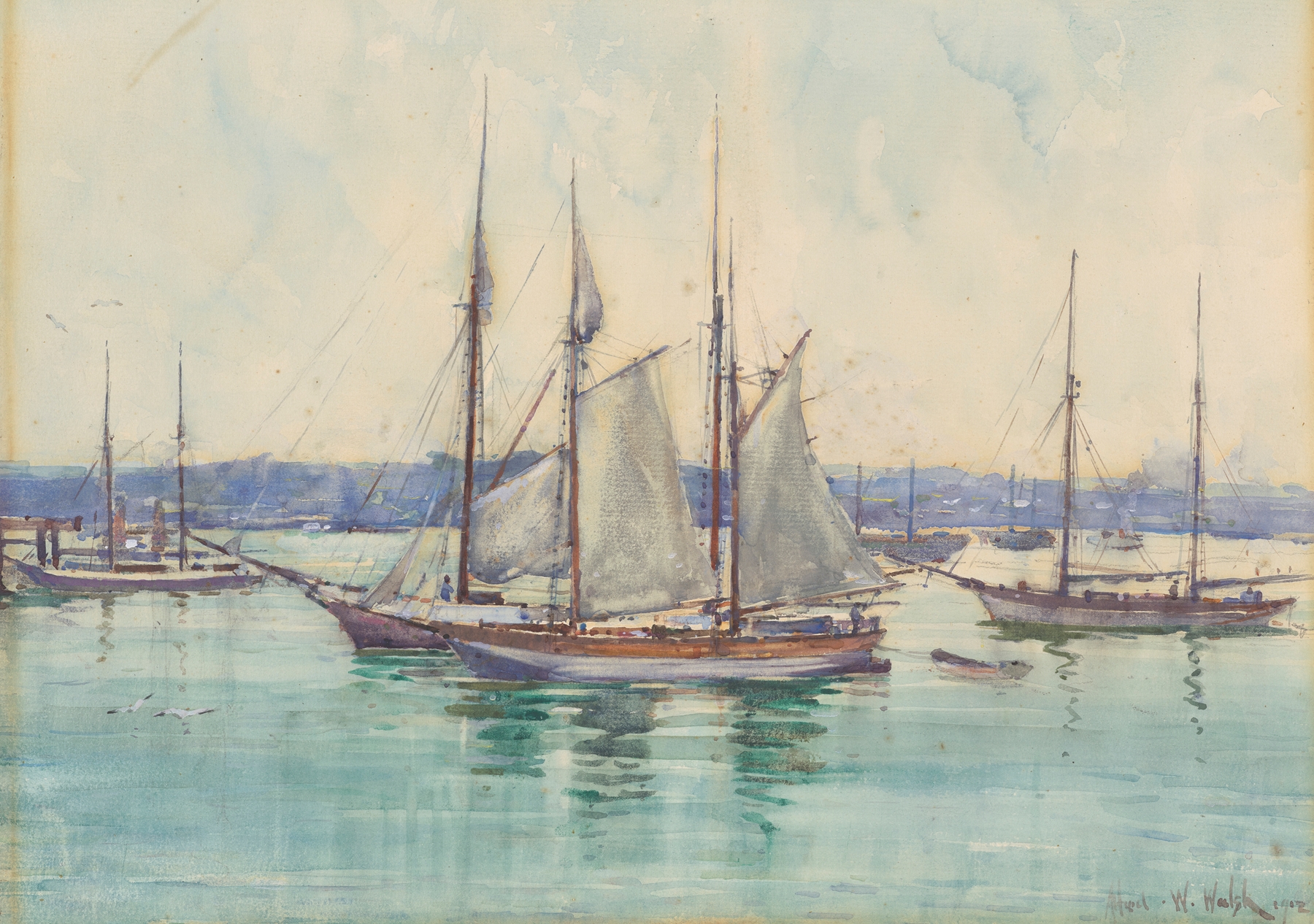 Harbour by Alfred Walsh, oil on canvas depicting boats and water reflections
