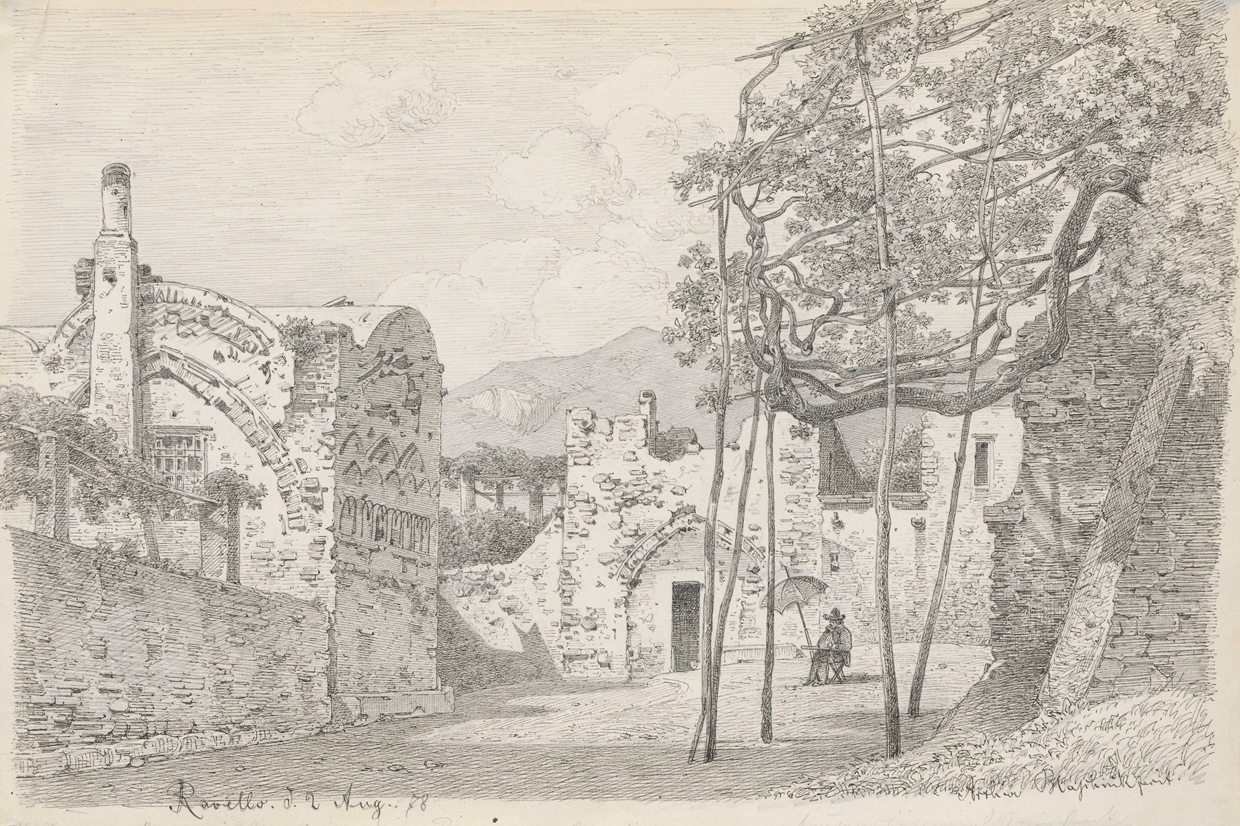 Watercolour by Arthur Blaschnik depicting a landscape with ruins and nature.