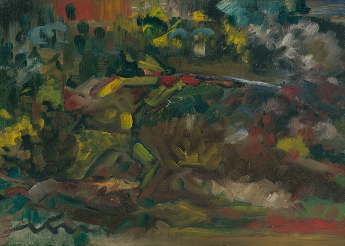 A painting depicting a hunter shooting in a natural setting.