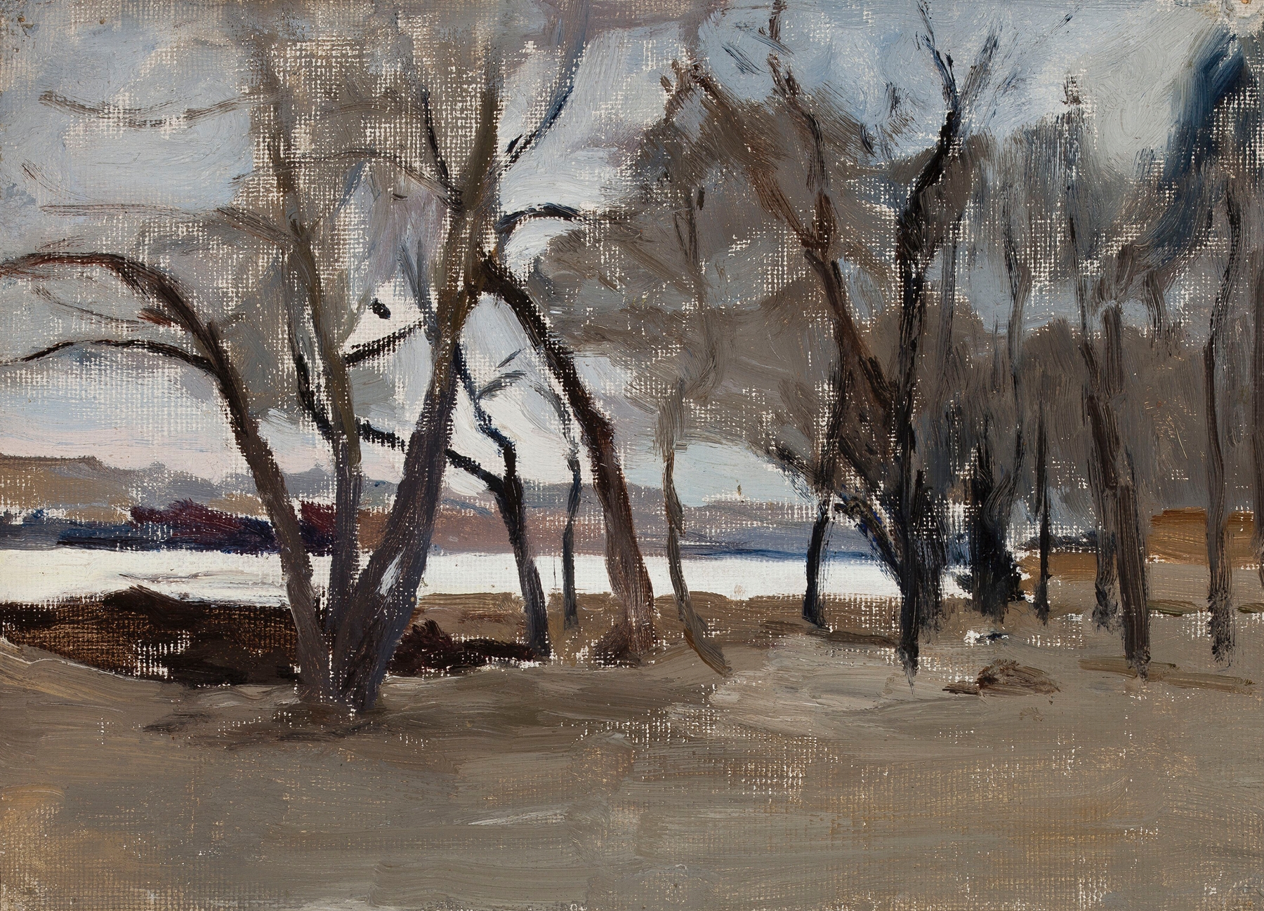 Winter landscape by Jan Ciągliński, oil on canvas, depicting a tranquil snowy park.