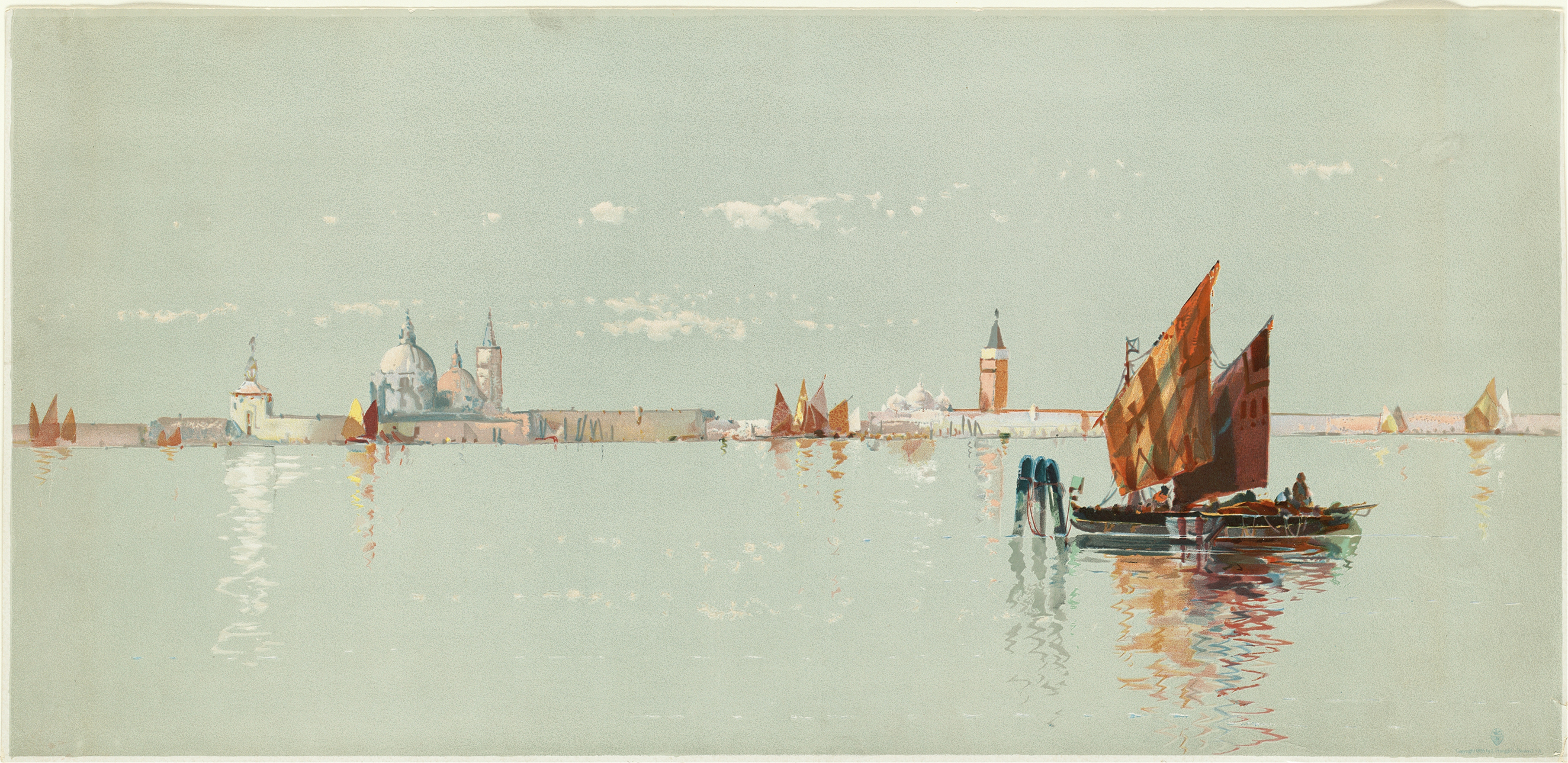 Venetian seascape by Louis Prang & Co., chromolithograph depicting tranquil water and sky.