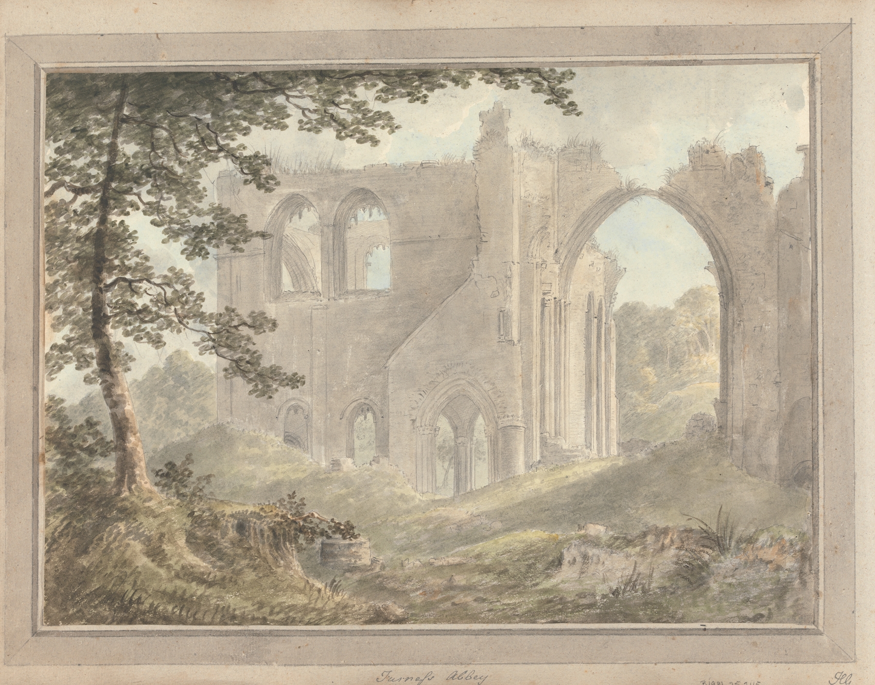 Engraving by Amos Green depicting Furness Abbey ruins in a landscape