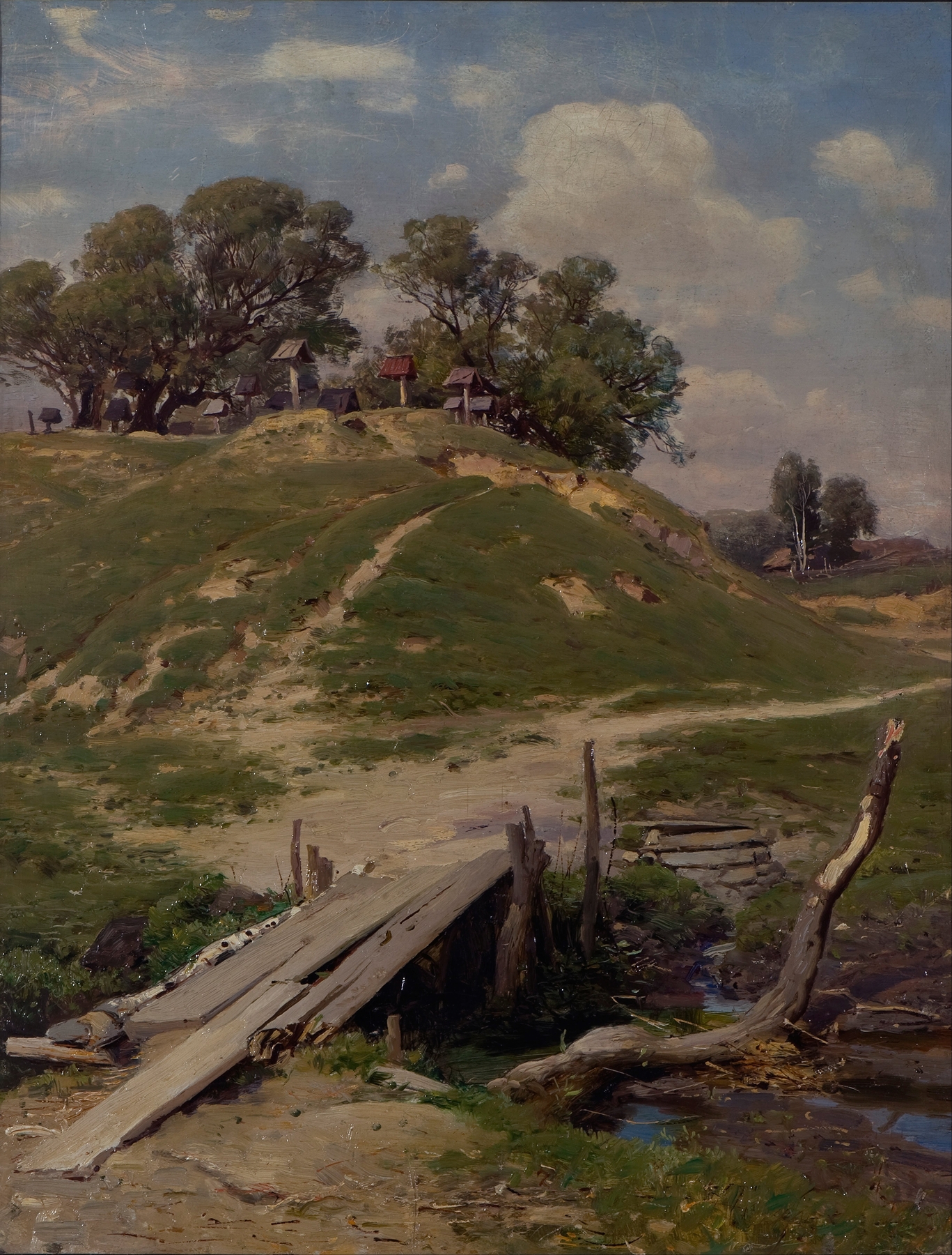 Graveyard landscape with gravestones by Jūlijs Feders, oil painting