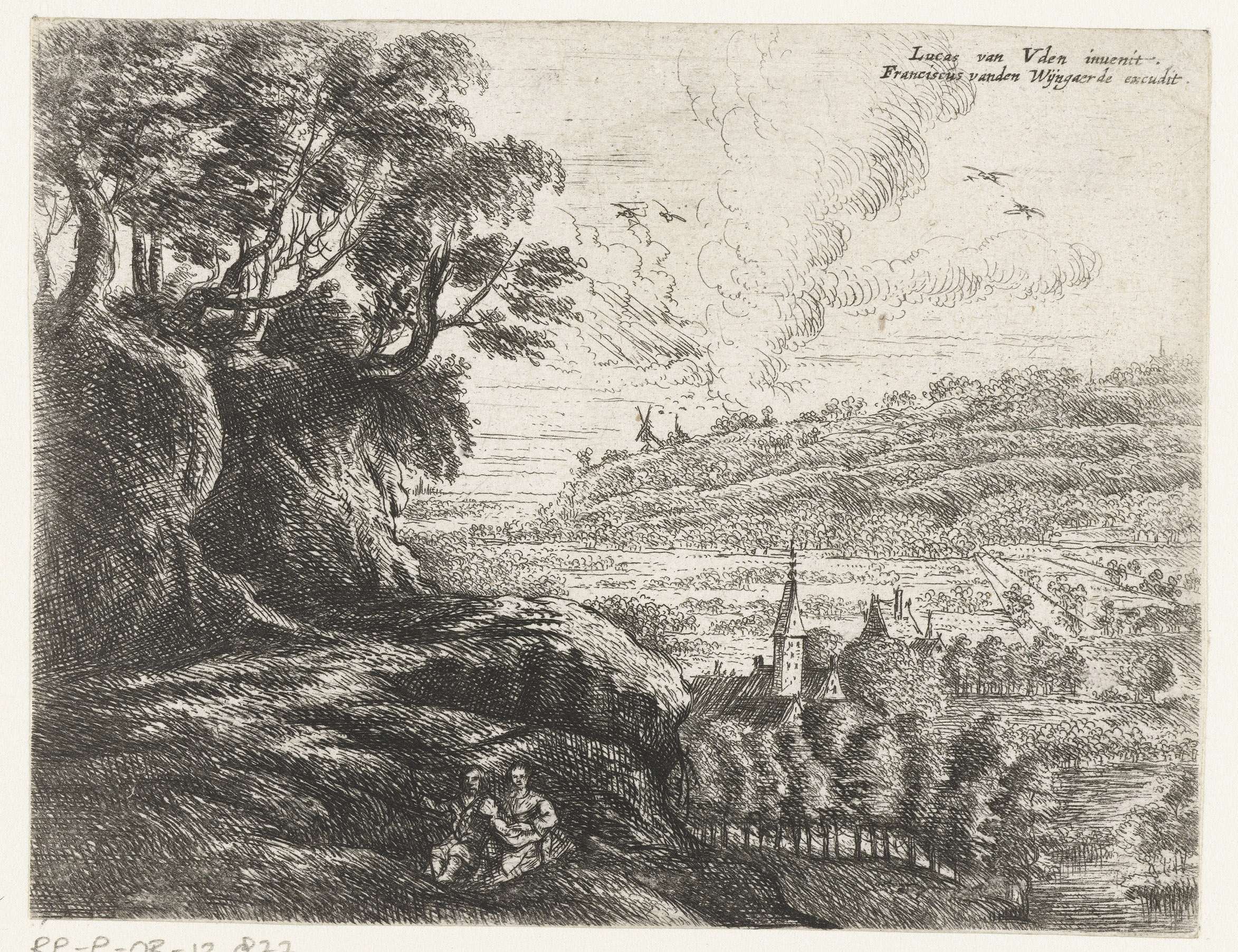 Landschap met een man, vrouw en kind, etching by Philips Augustijn Immenraet