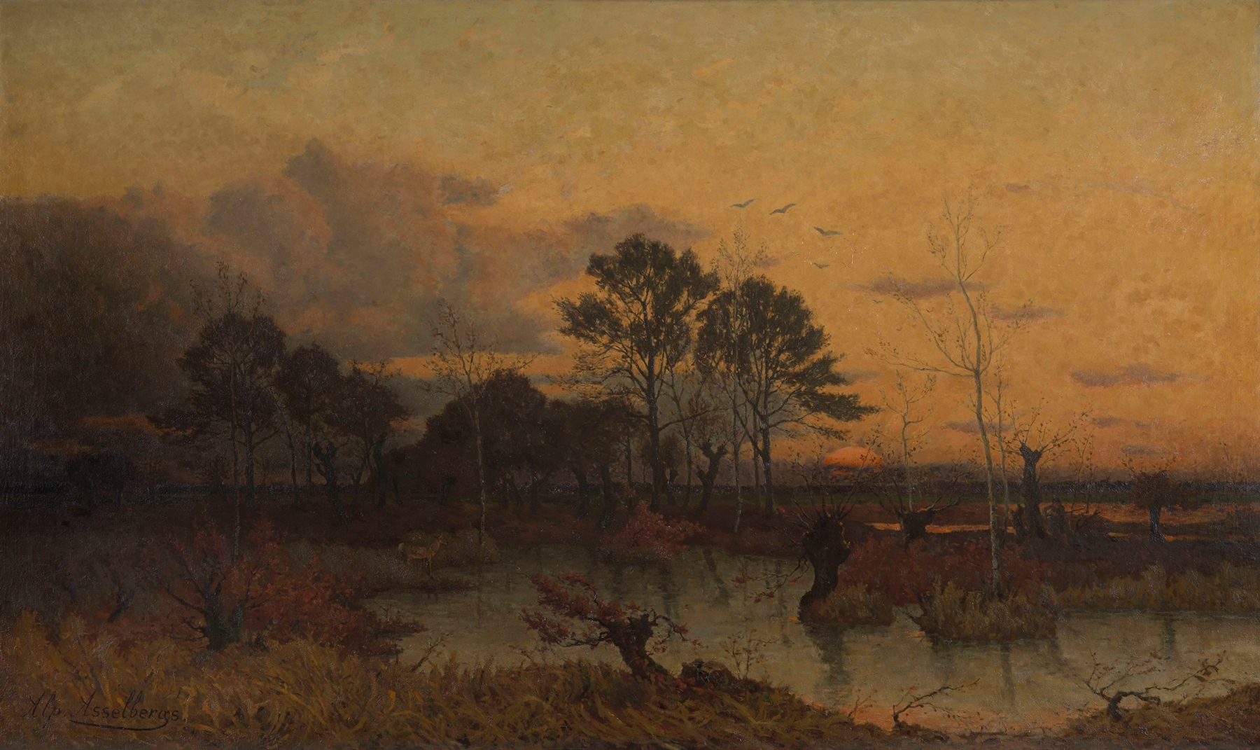 Landscape with water and sky reflections, oil painting by Alphonse Asselbergs