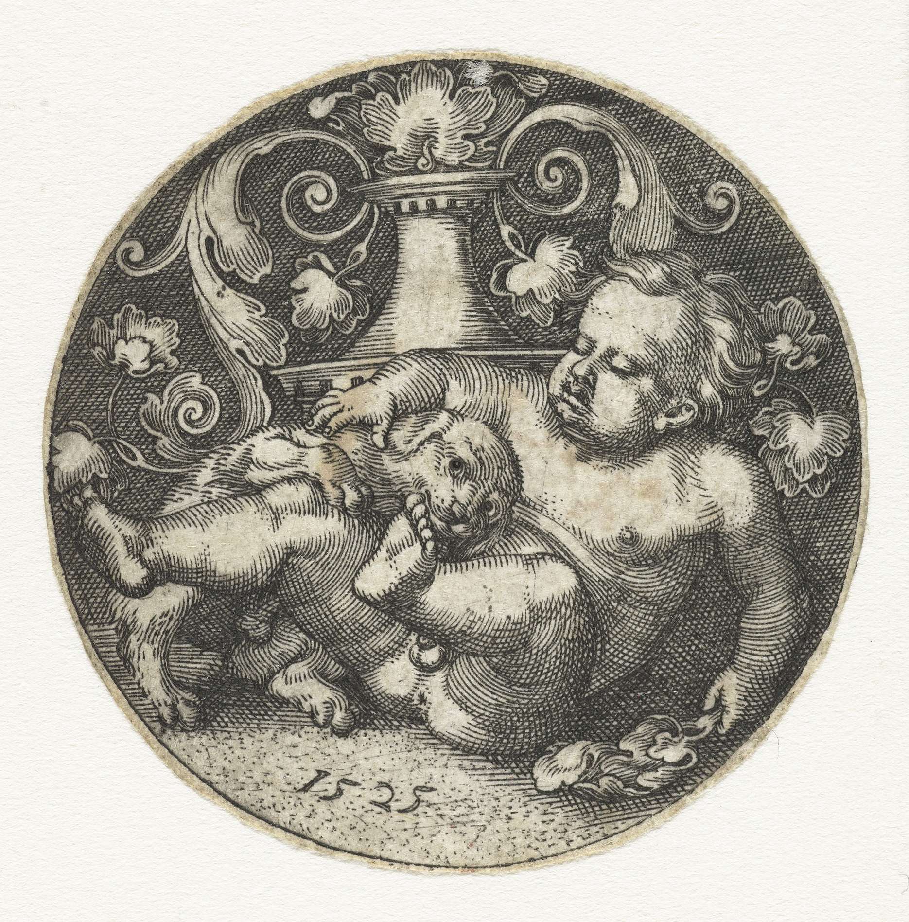 Spelend kind met hond, by Barthel Beham, public domain