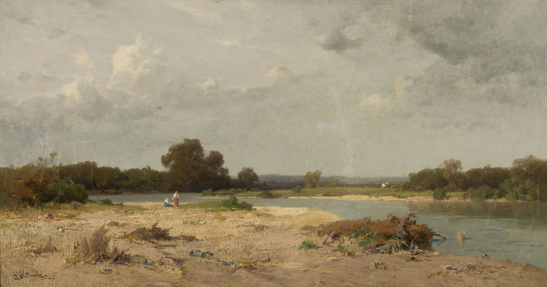 Waterside landscape by Josef Willroider, oil painting depicting tranquil water and dawn reflections.