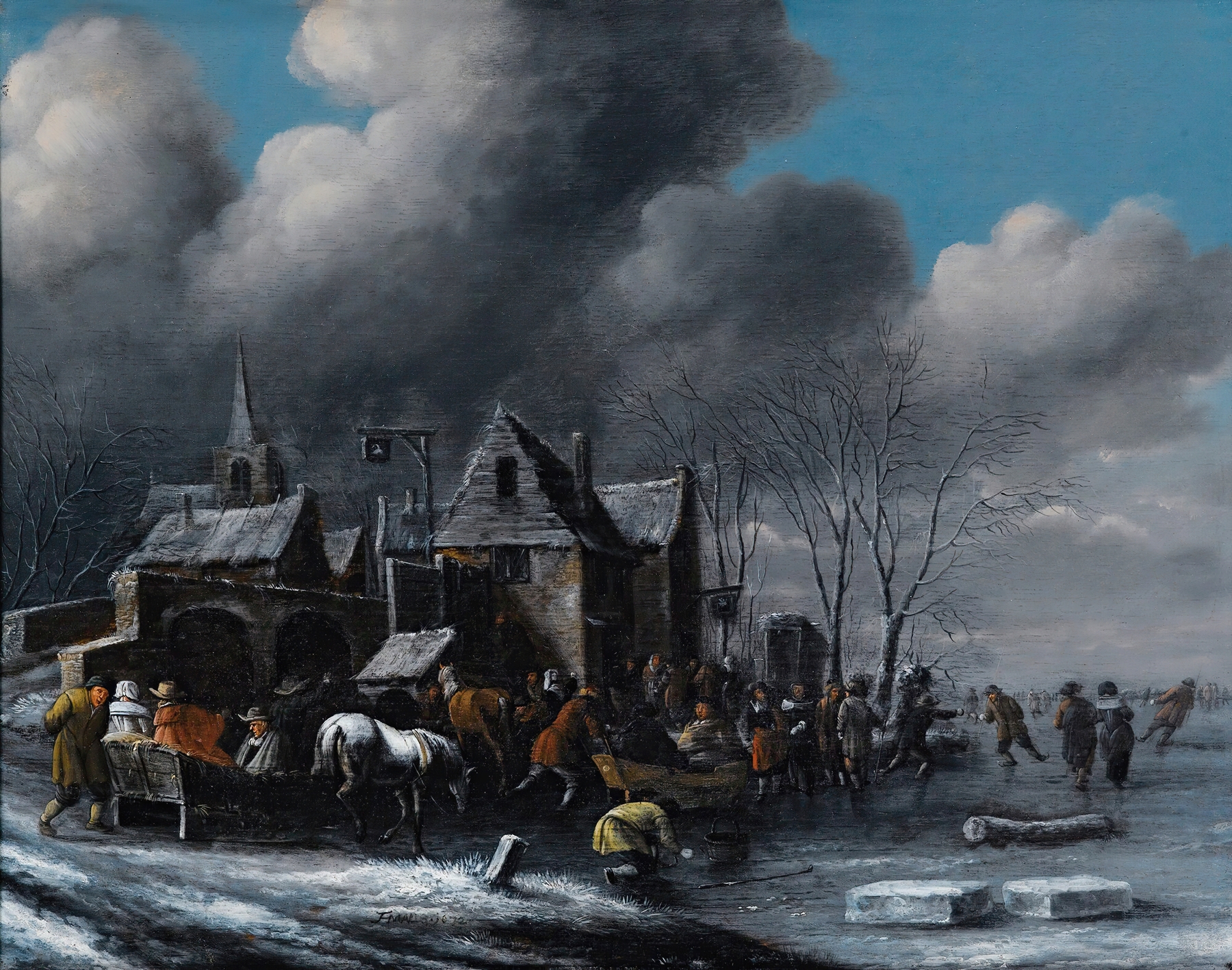 Skaters On A Frozen River by Thomas Heeremans, oil painting depicting figures gliding on ice.