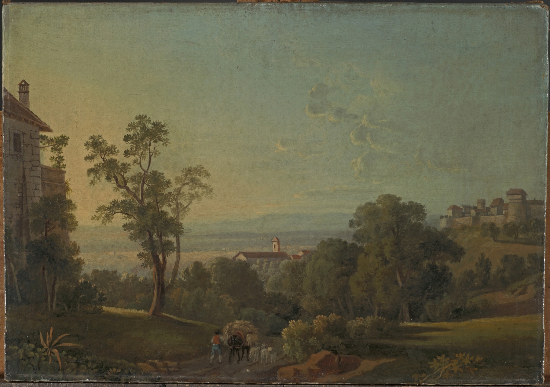 Landscape near Frascati, oil on canvas by Peter Birmann, featuring rolling hills and soft greens.