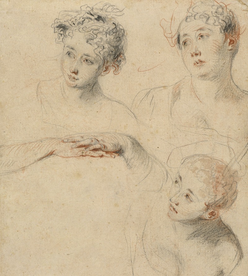 A study of a woman's head and hands by Jean-Antoine Watteau.