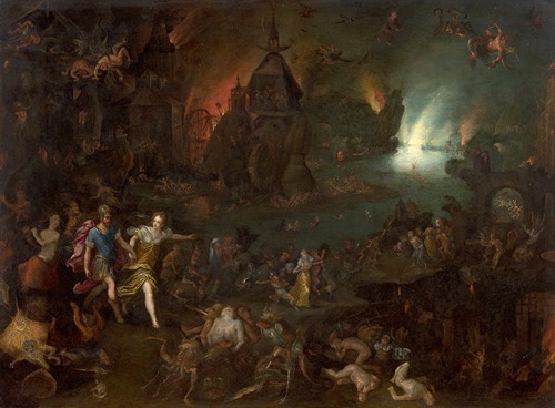 Aeneas and the Sibyl stand at the entrance of the Underworld, surrounded by dark, shadowy figures.