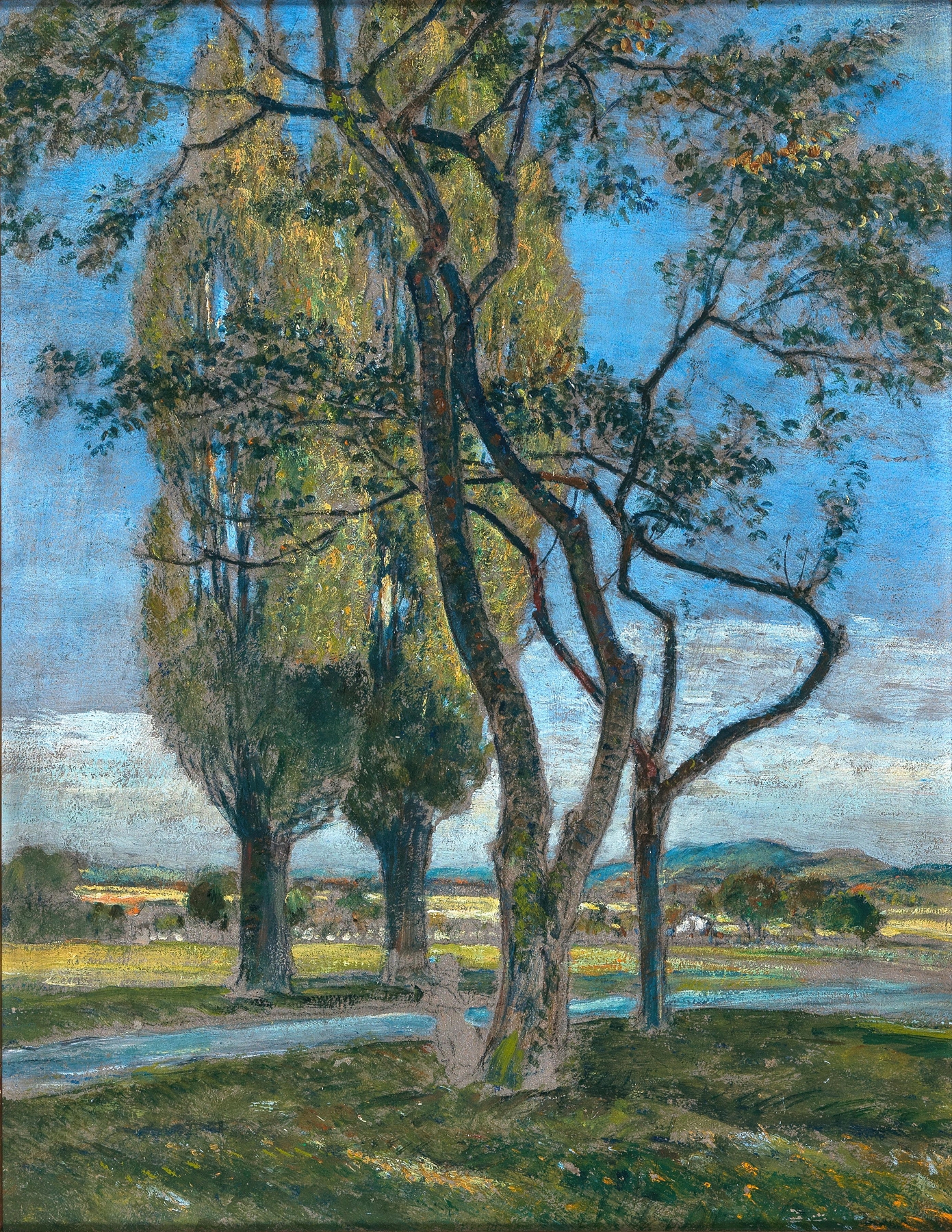 Zwei Pappeln am Weg, oil on canvas by Rudolf Ribarz, featuring tall poplars and a tranquil landscape.