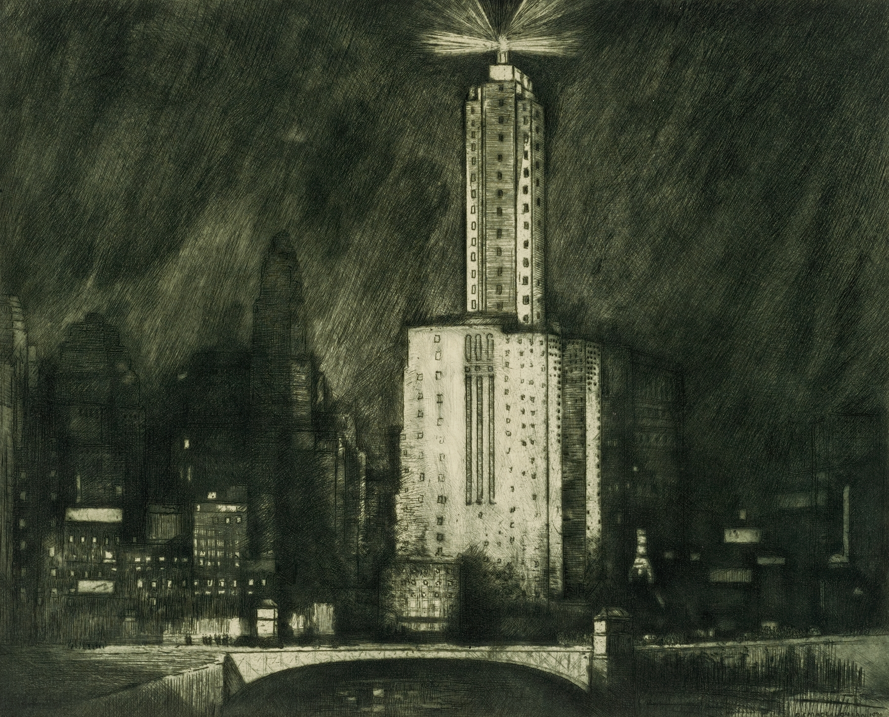 Urban landscape oil painting by Donald Shaw MacLaughlan featuring reflections on water
