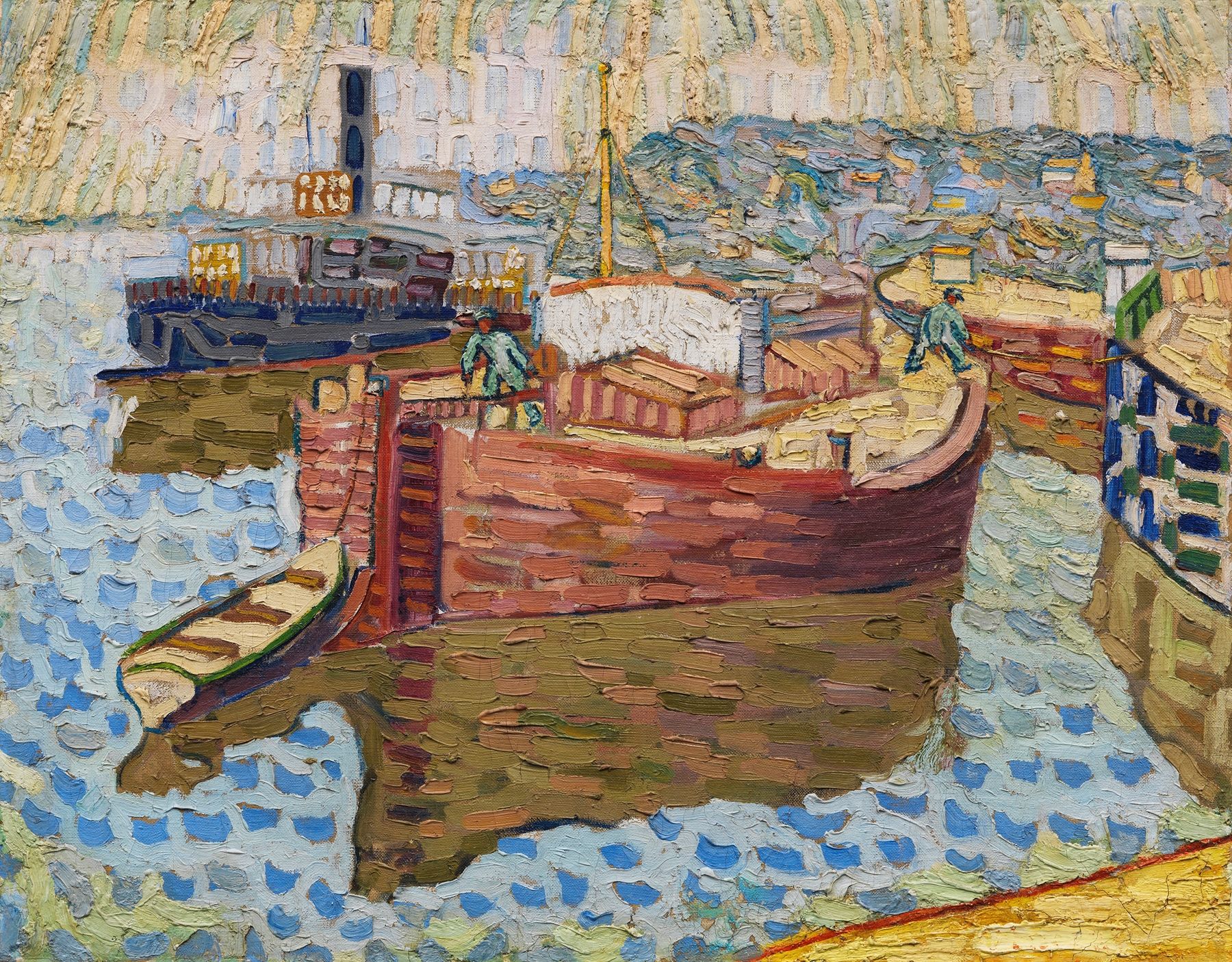 Péniches sur le Dniepr by Vladimir Baranov-Rossiné, oil painting depicting boats on a river