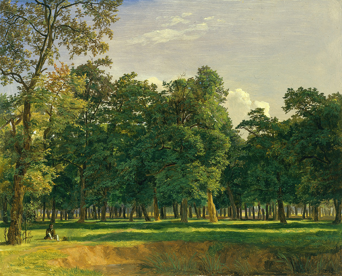 Prater Landscape by Ferdinand Georg Waldmüller, oil on canvas depicting a serene forest scene with figures.