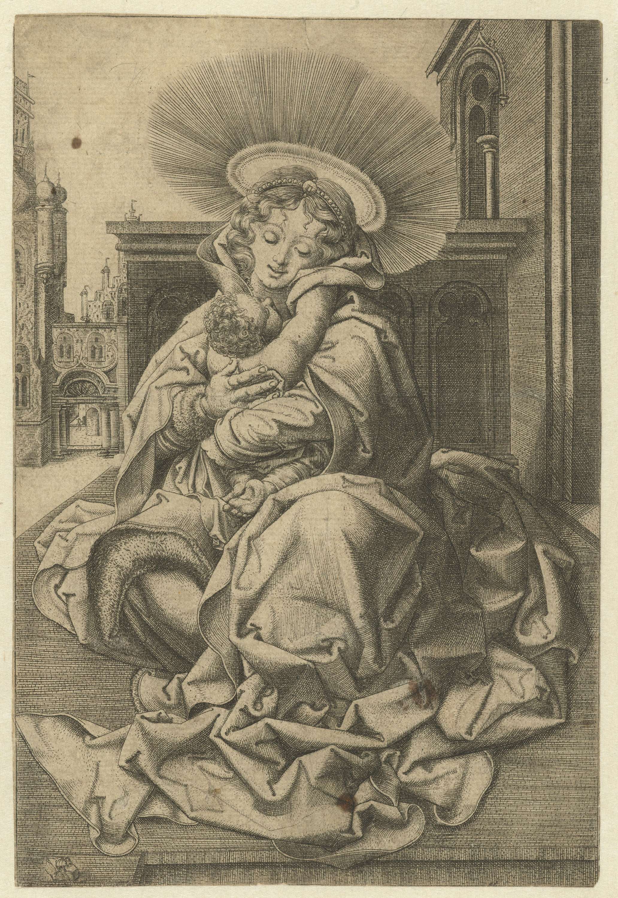 Engraving by Frans Crabbe van Espleghem depicting Madonna holding child in a garden