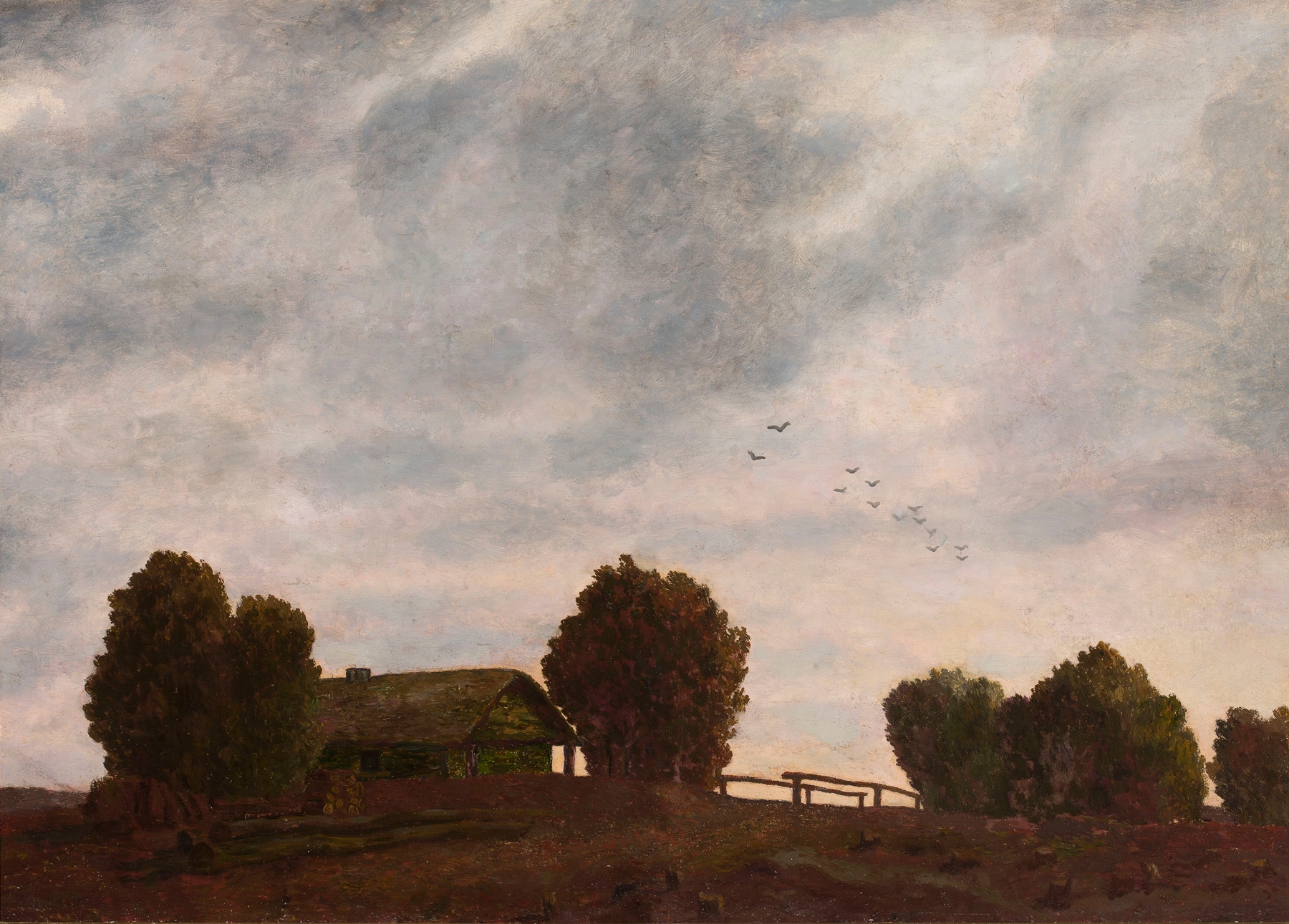 Evening landscape by Felicjan Szczęsny Kowarski, oil painting depicting twilight hues and dynamic brushstrokes.