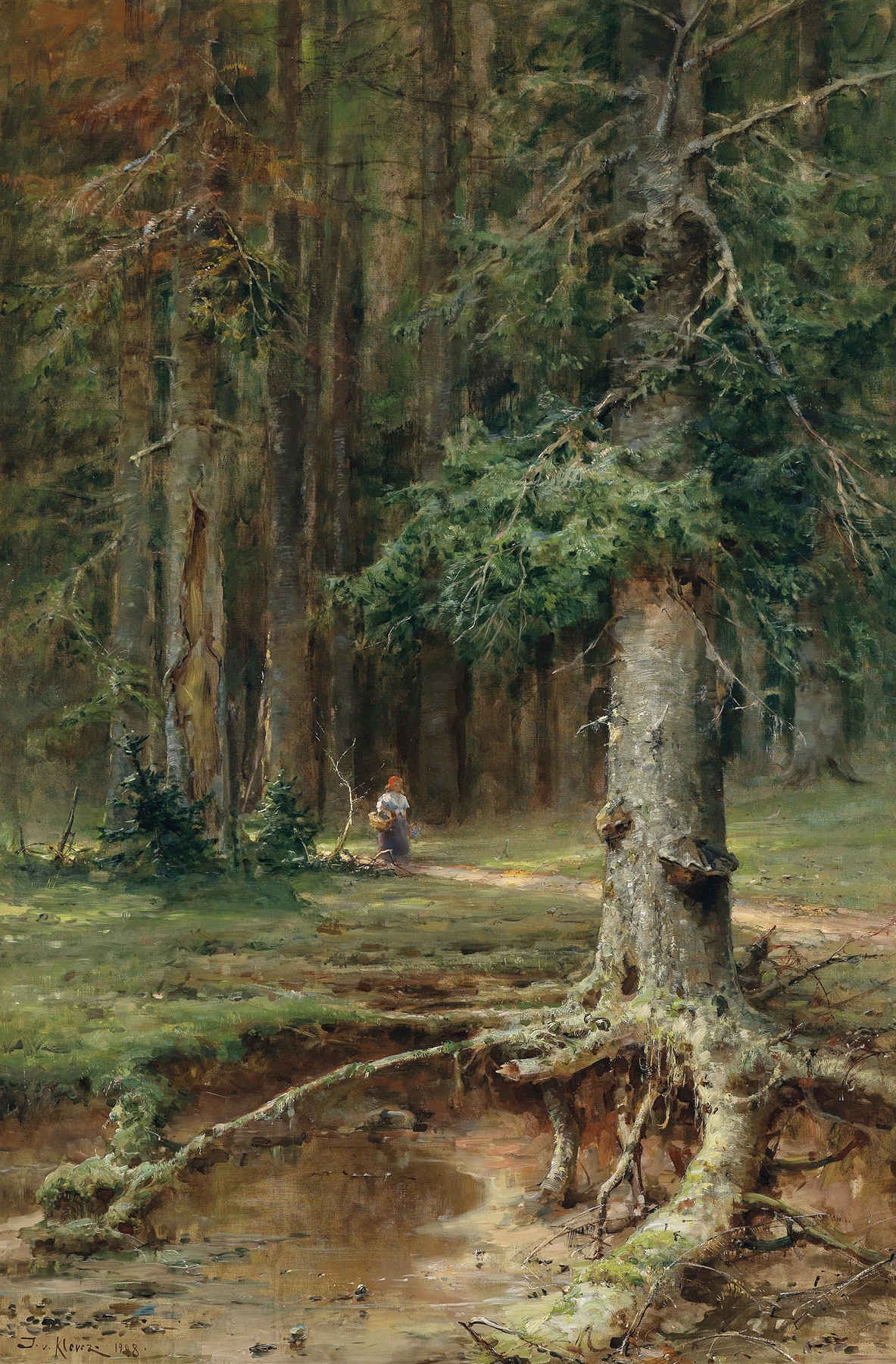 Figurative oil painting by Julius Sergius Klever featuring Little Red Riding Hood in a forest