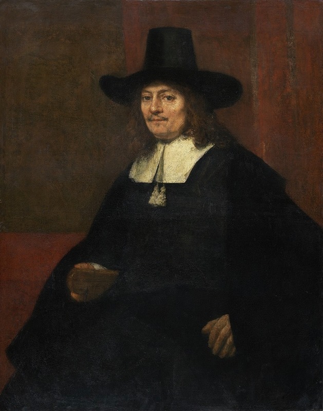 A striking portrait of a man wearing a tall hat, showcasing Rembrandt's mastery of light and shadow.