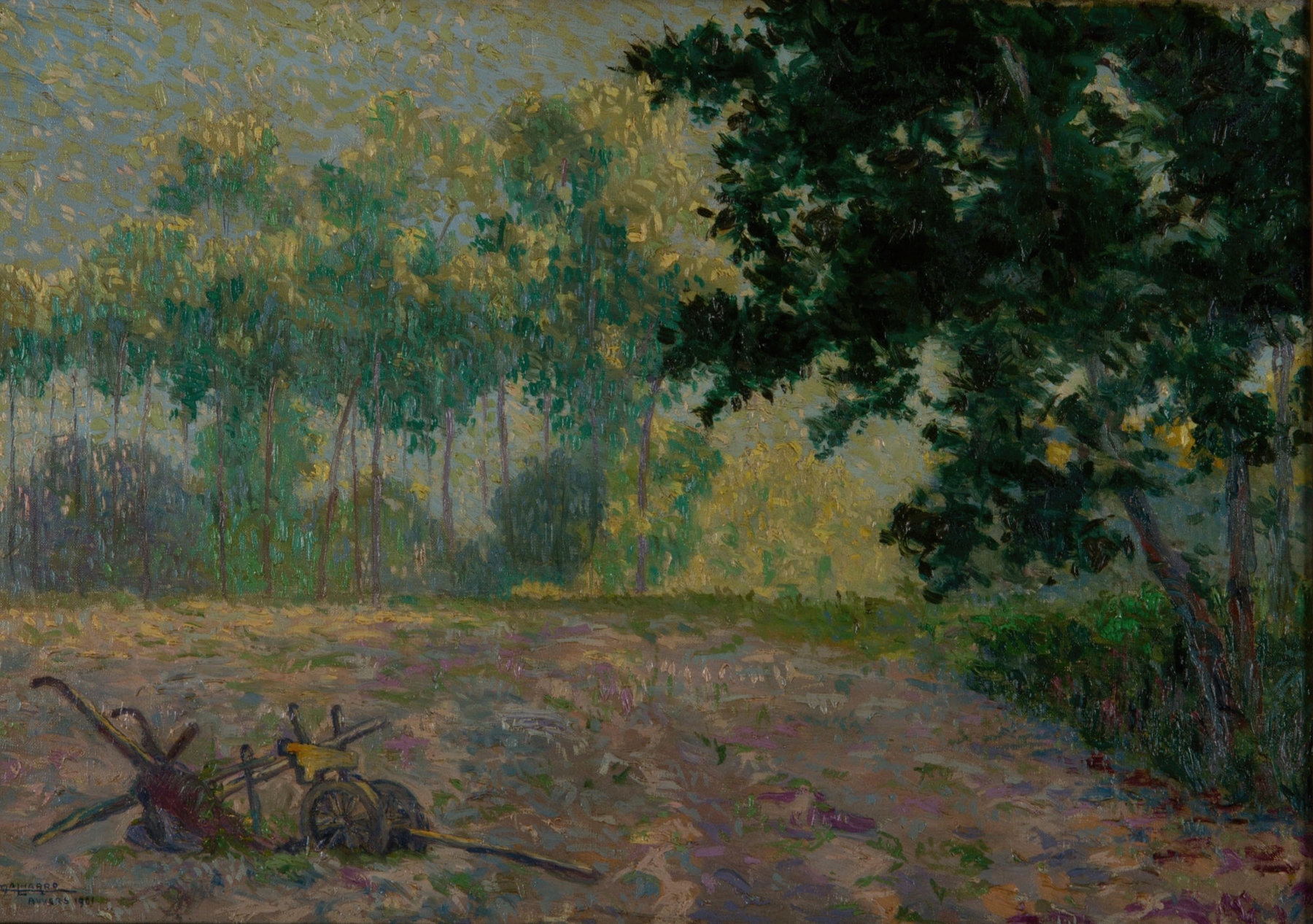 Genre scene oil painting by Martín Malharro depicting a farmer with a plow in earthy tones.