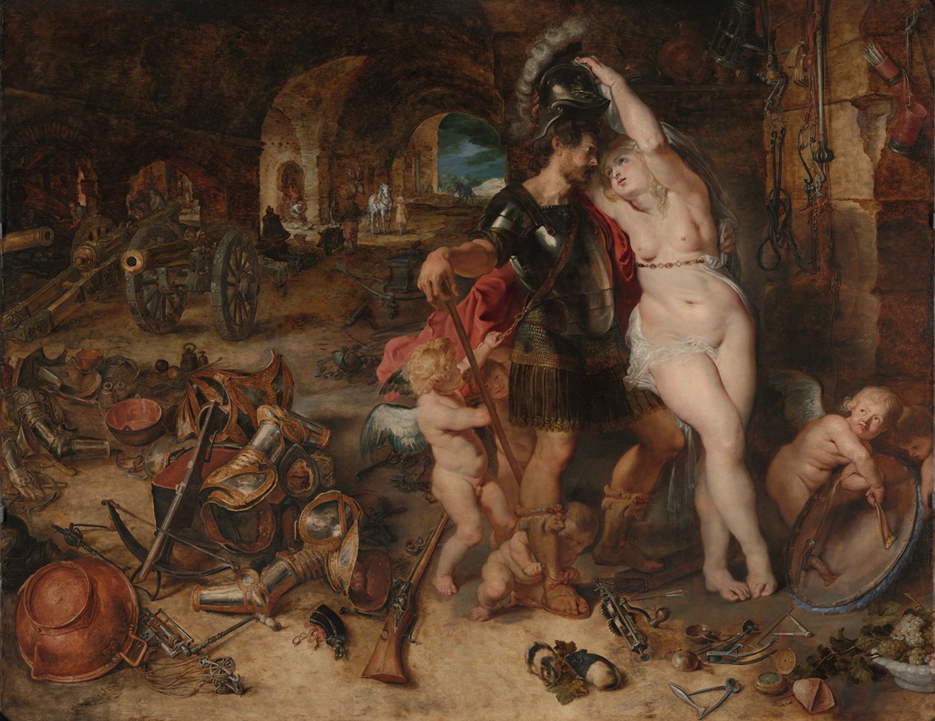 A painting depicting the mythological scene of Mars being disarmed by Venus.