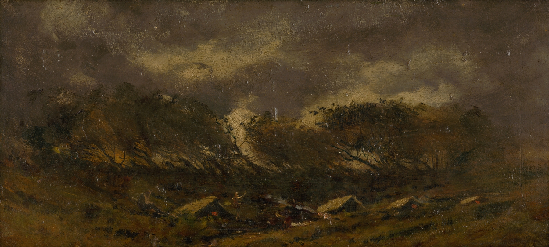 Gypsy Camp During a Storm by Ferdinand Katona, oil on canvas depicting nomads huddled under an awning during a storm.