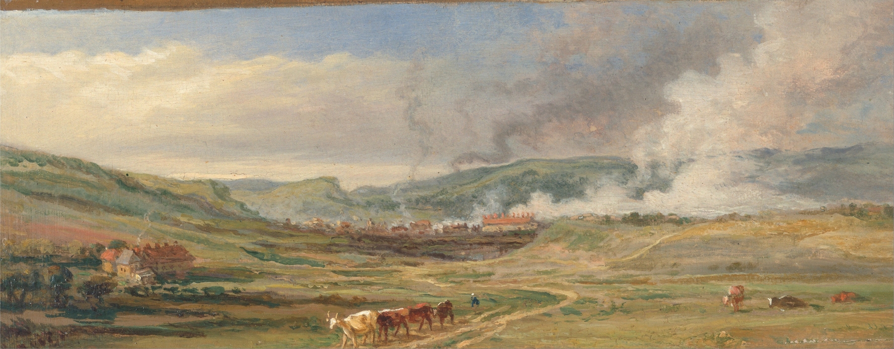 Landscape near Swansea by James Ward, oil painting showing rolling hills and a soft, fading sky.