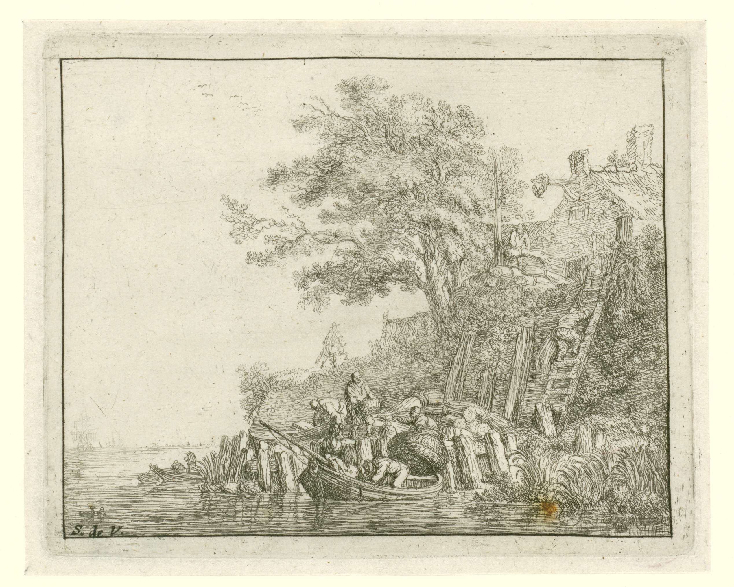 Mannen laden graanschoven in een boot, by Simon de Vlieger, public domain