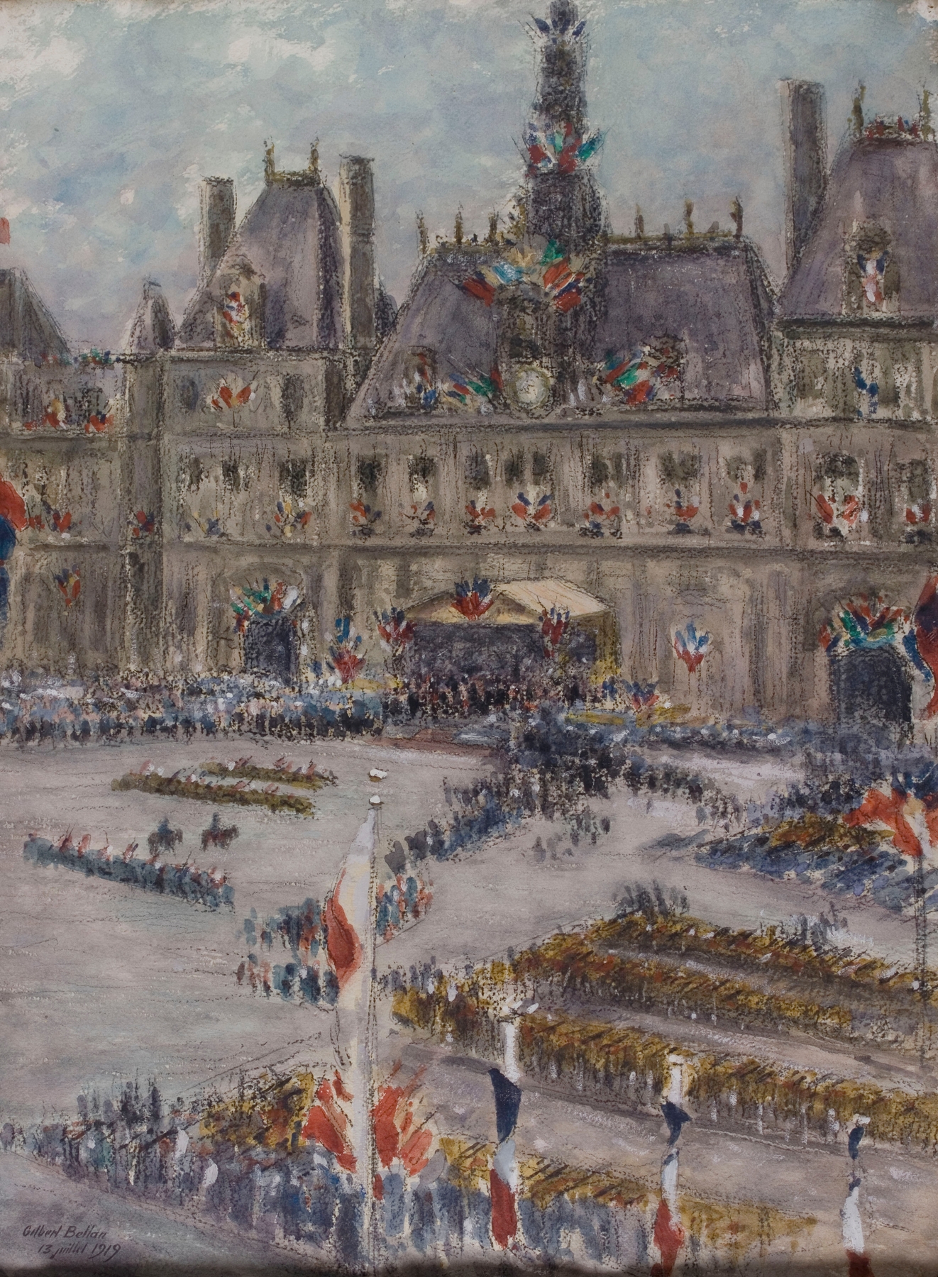 Historical scene of a parade at Hôtel de Ville, oil painting by Louis-Gilbert Bellan