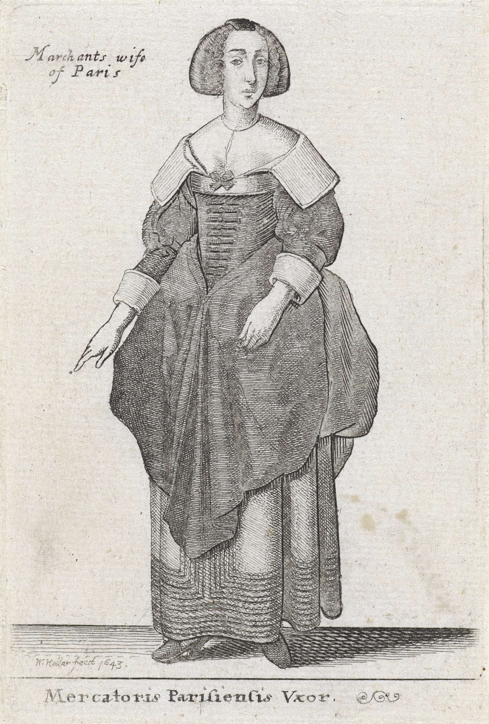 Portrait of a merchant's wife in a gown, etching by Wenceslaus Hollar
