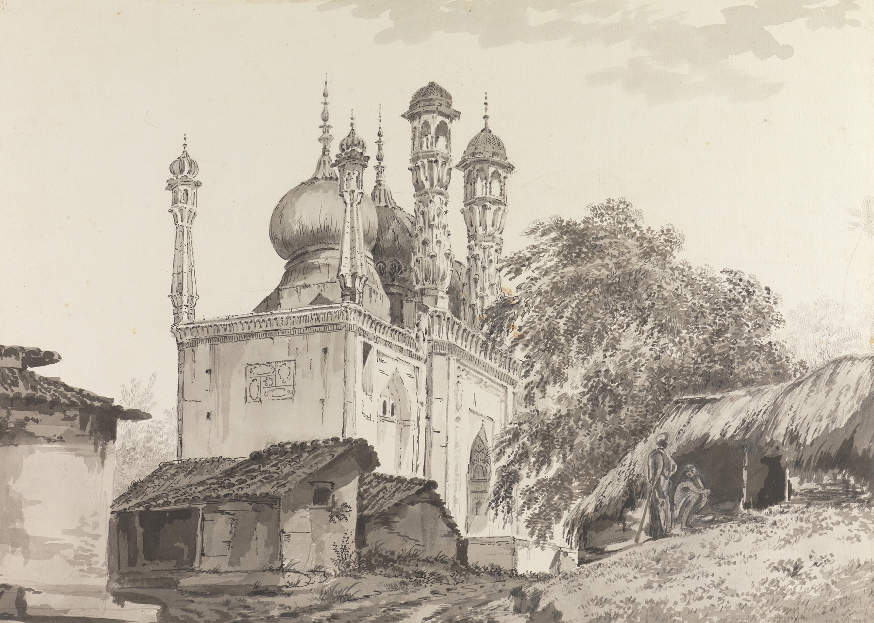 Ink wash drawing by William Hodges depicting landscape and architecture