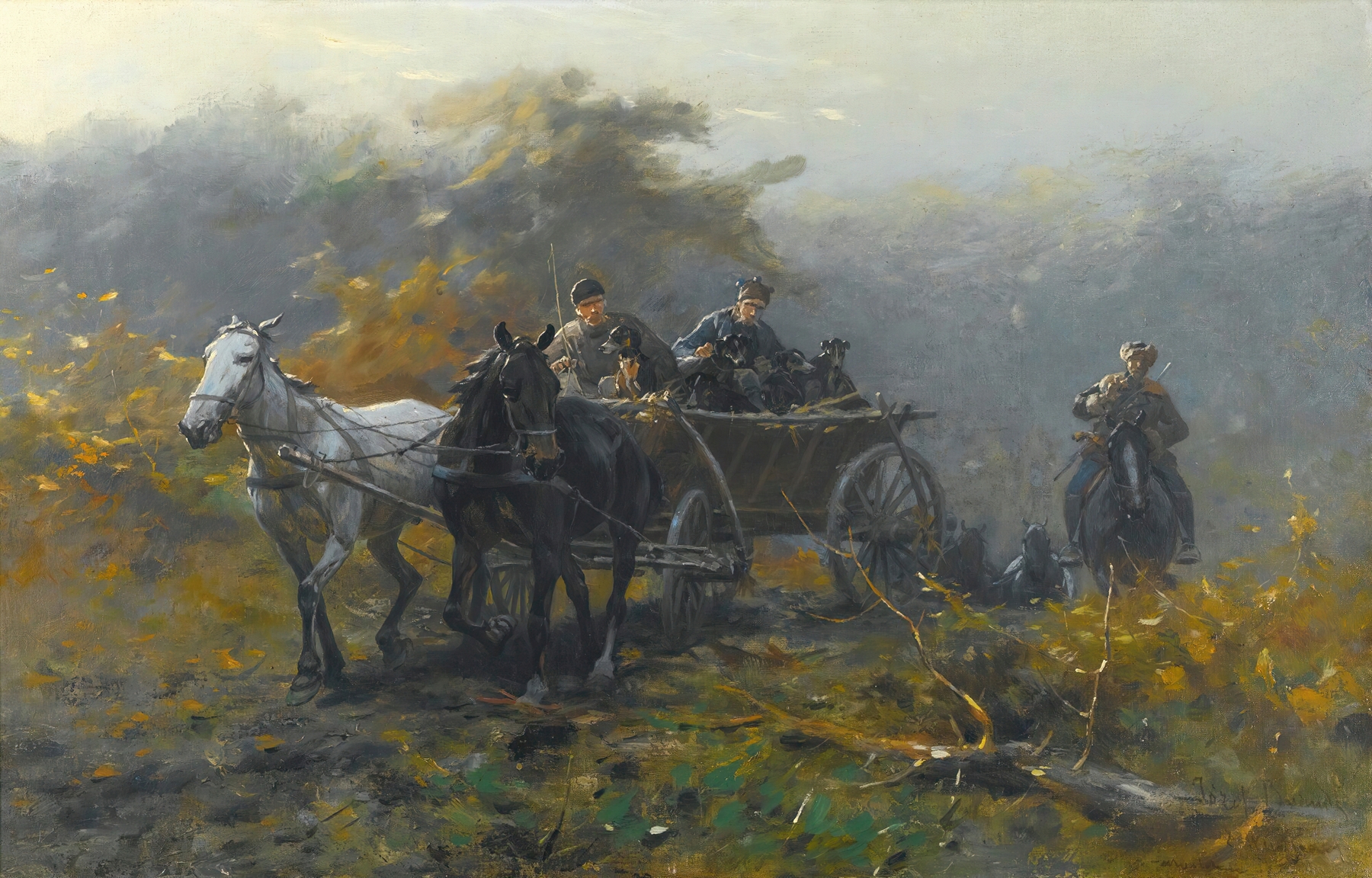 Forest scene with fallen leaves, oil painting by Jozef Brandt
