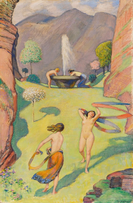 A vibrant depiction of spring with dancing figures in a lush landscape.